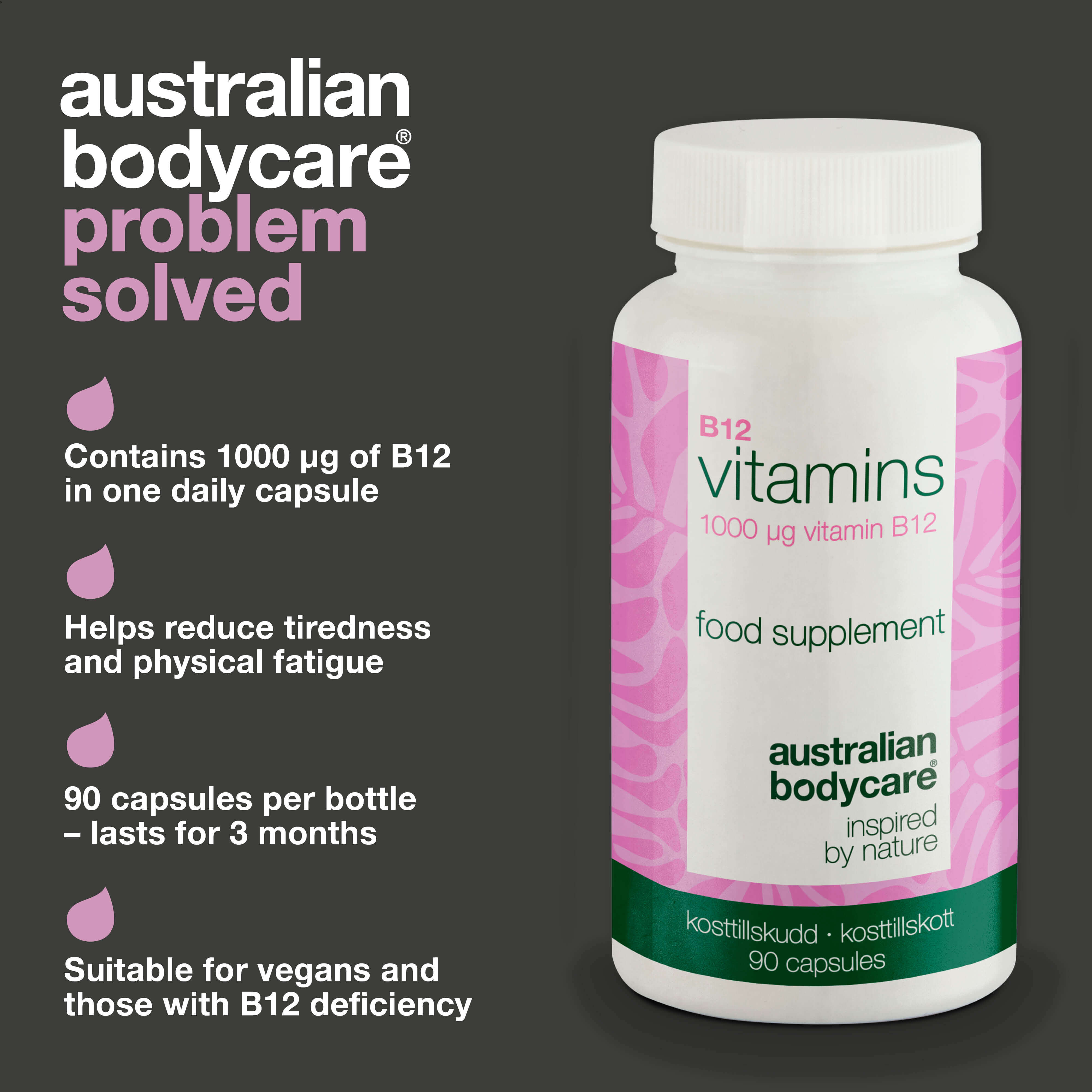 Vitamin B12 Supplement – 90 Vegan Capsules, 1000 mcg Each — High dose Vitamin B12 formula with 1000 mcg per capsule. 90 vegan capsules for 90 days. Daily support for energy and vegan nutrition.