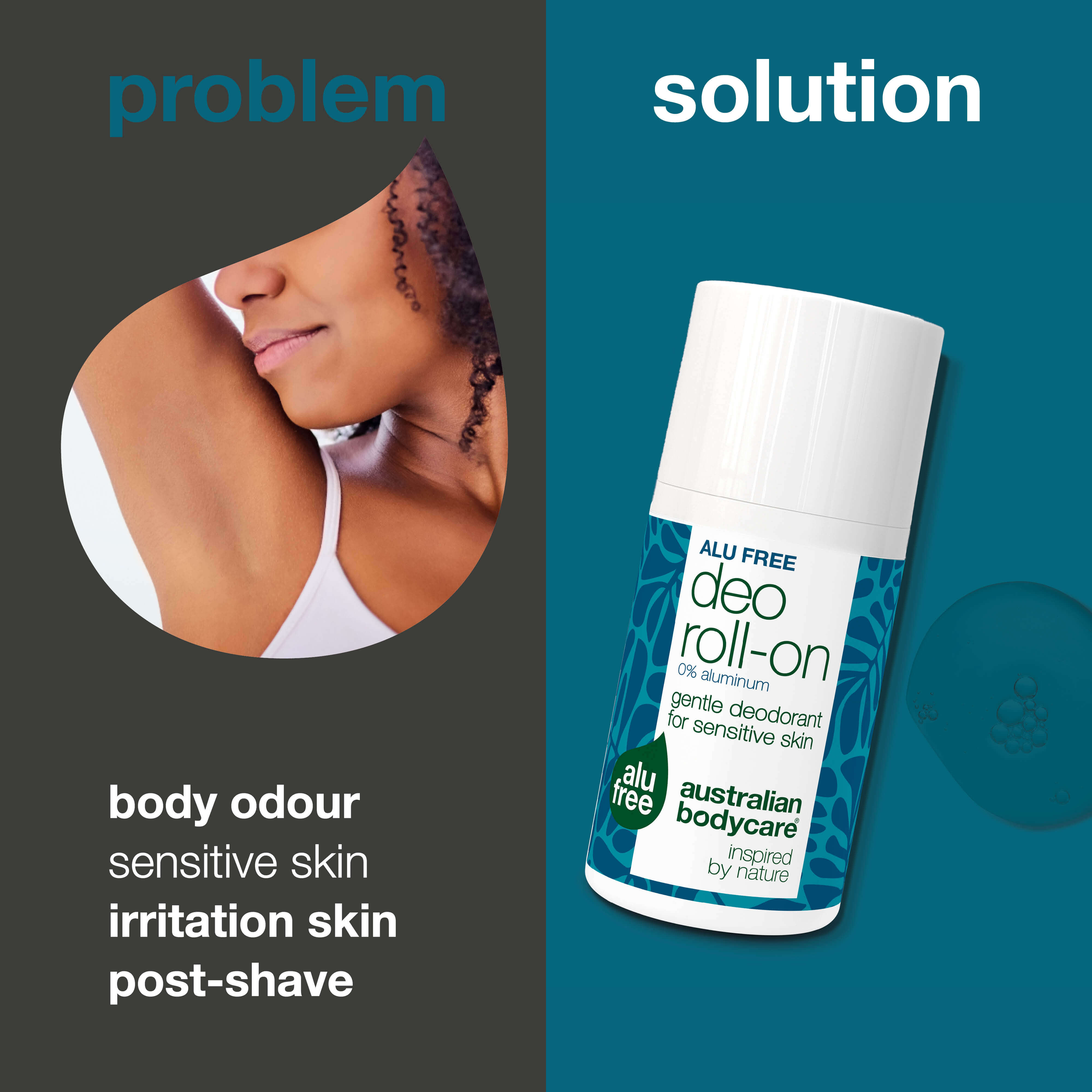Aluminum free deodorant for daily protection from sweat, odor, and irritation. With 4-terpineol, lactic acid, caprylyl glycol, and natural active ingredients.