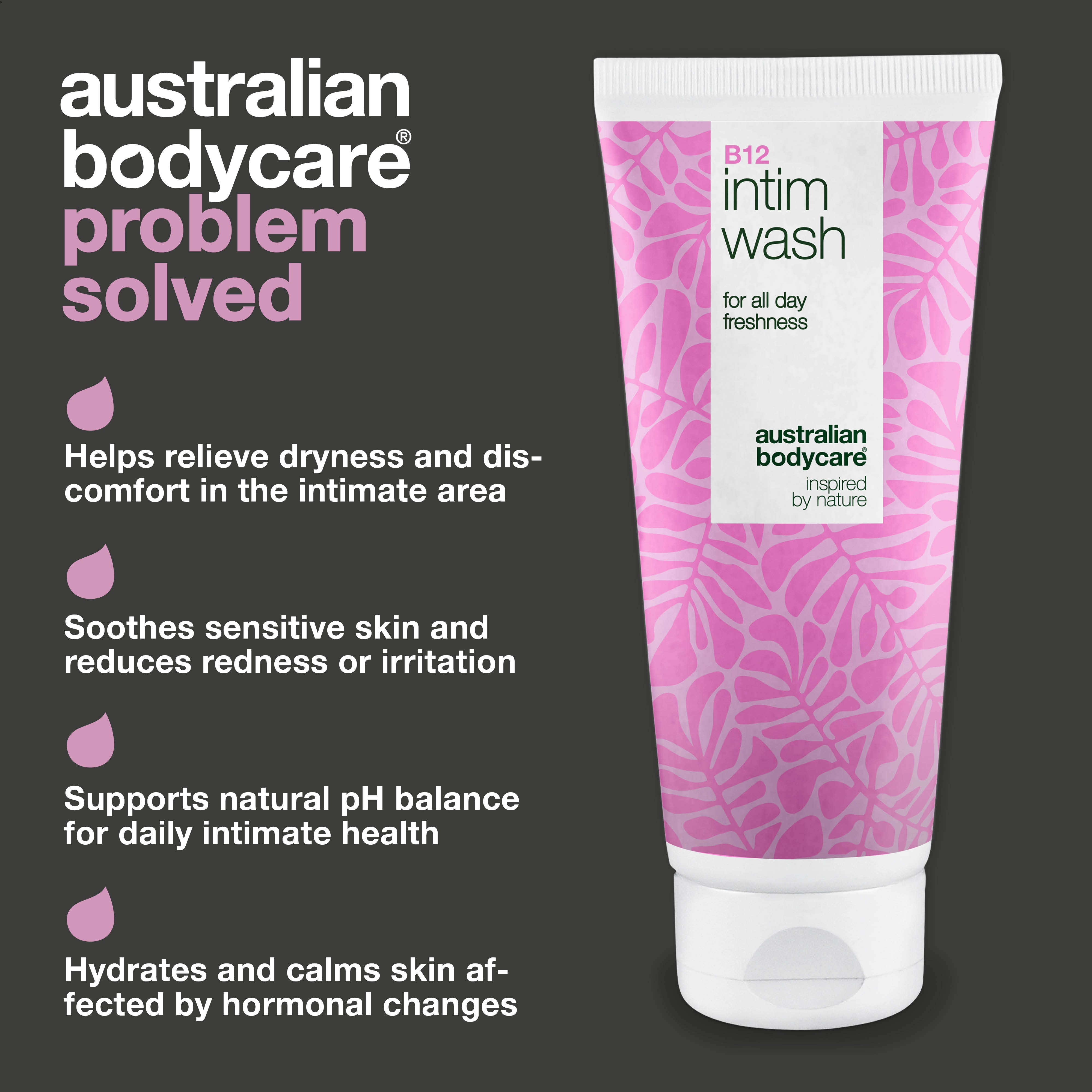 Intimate Wash for dryness, irritation and hormonal imbalance. With Vitamin B12, glycerin and plant-based cleansers. pH-balanced care for women 40+.