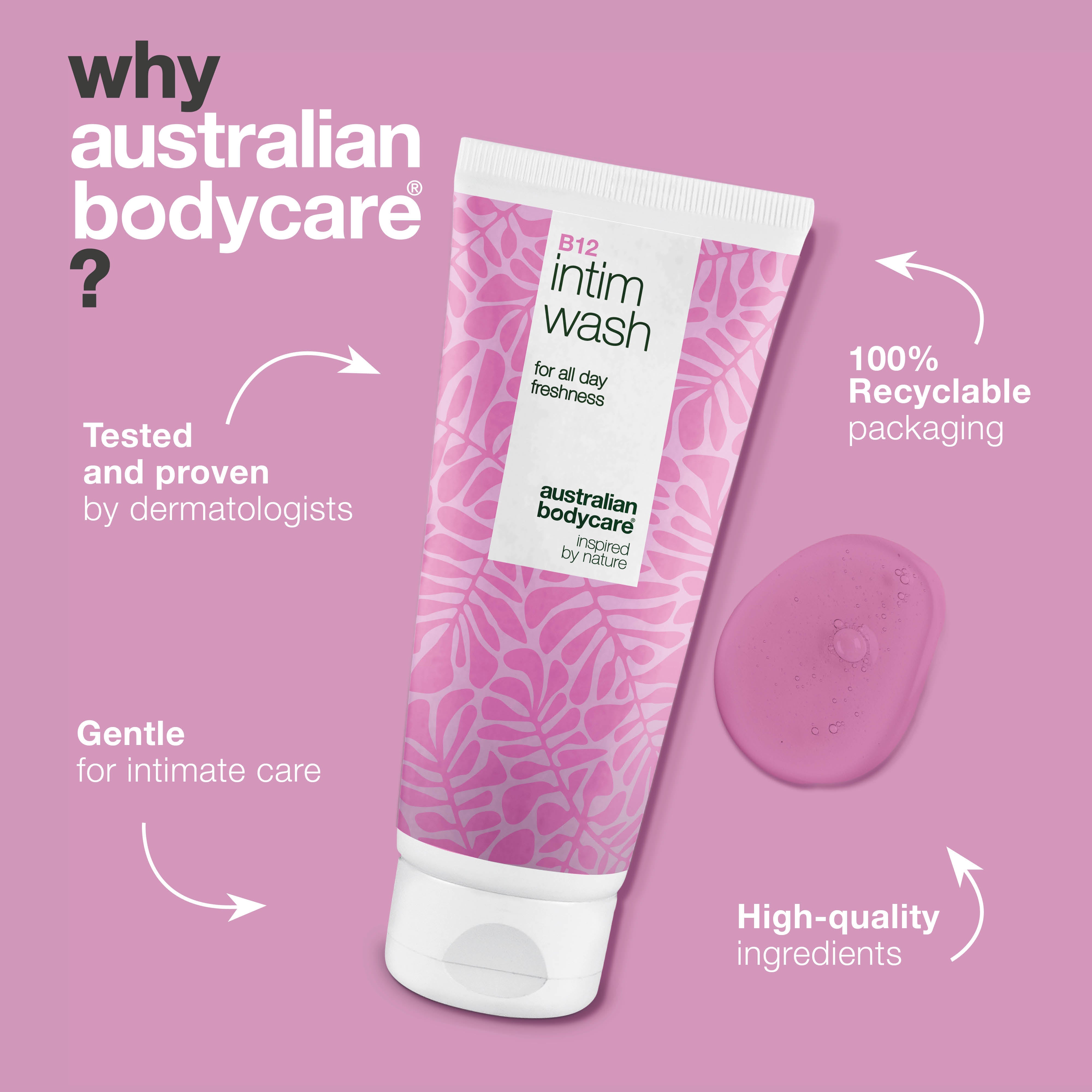 Intimate Wash for dryness, irritation and hormonal imbalance. With Vitamin B12, glycerin and plant-based cleansers. pH-balanced care for women 40+.