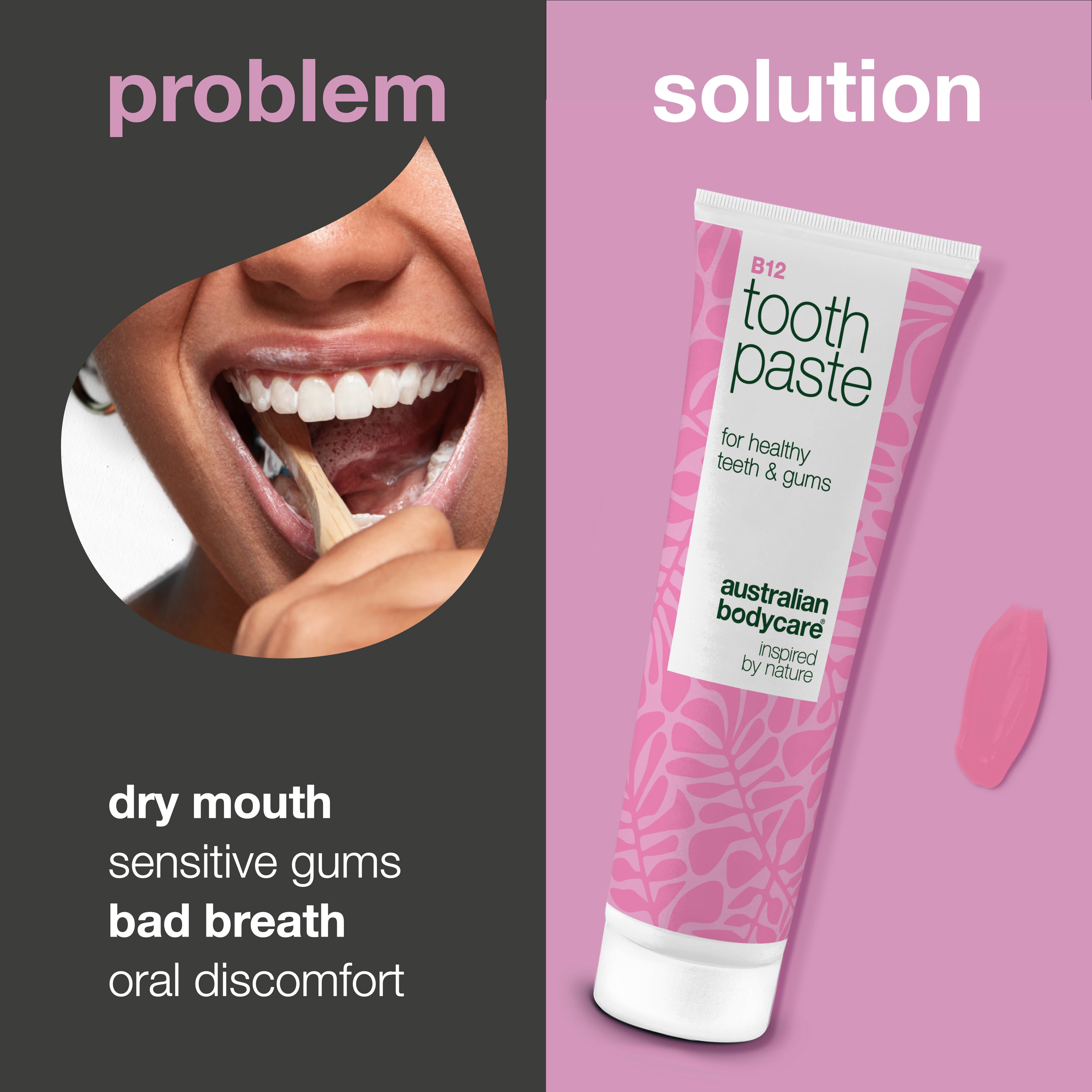 Vitamin B12 Toothpaste relieves dryness and gum irritation while fighting bad breath. With B12, fluoride, zinc, lemon peel, and peppermint for daily oral care.