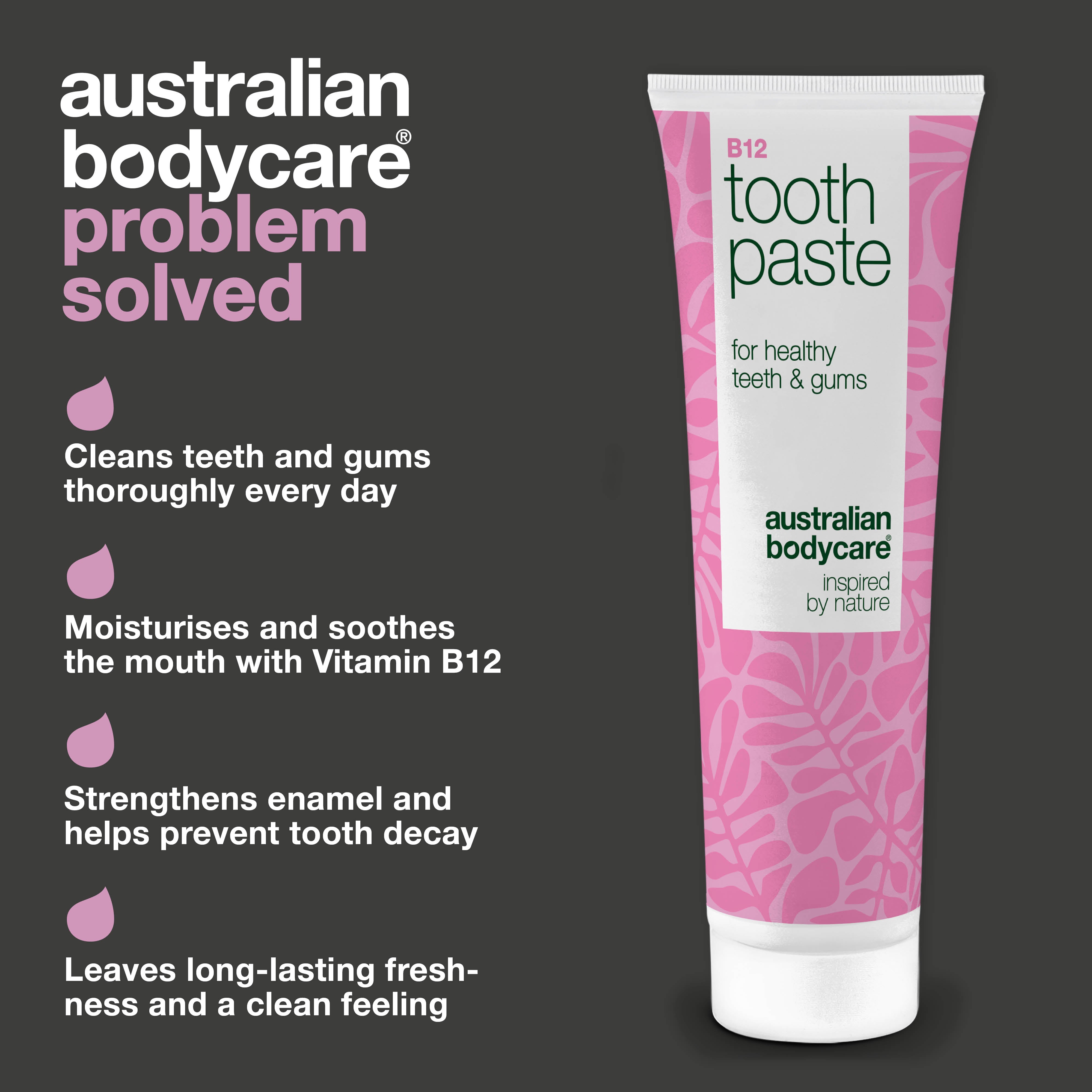 Vitamin B12 Toothpaste relieves dryness and gum irritation while fighting bad breath. With B12, fluoride, zinc, lemon peel, and peppermint for daily oral care.