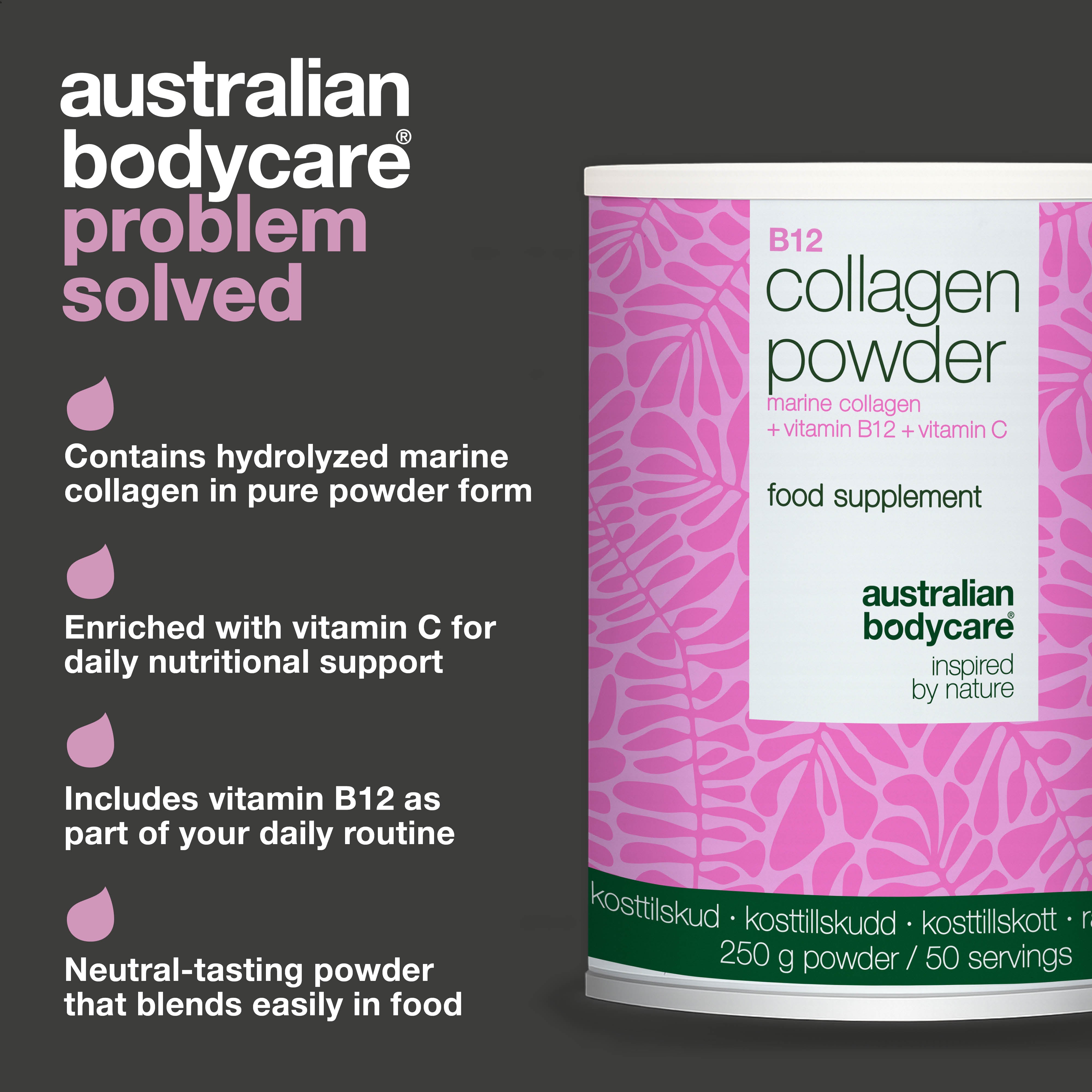 Collagen powder for daily support in food and drinks – ideal for your wellness routine. Contains marine collagen, vitamin C and vitamin B12.