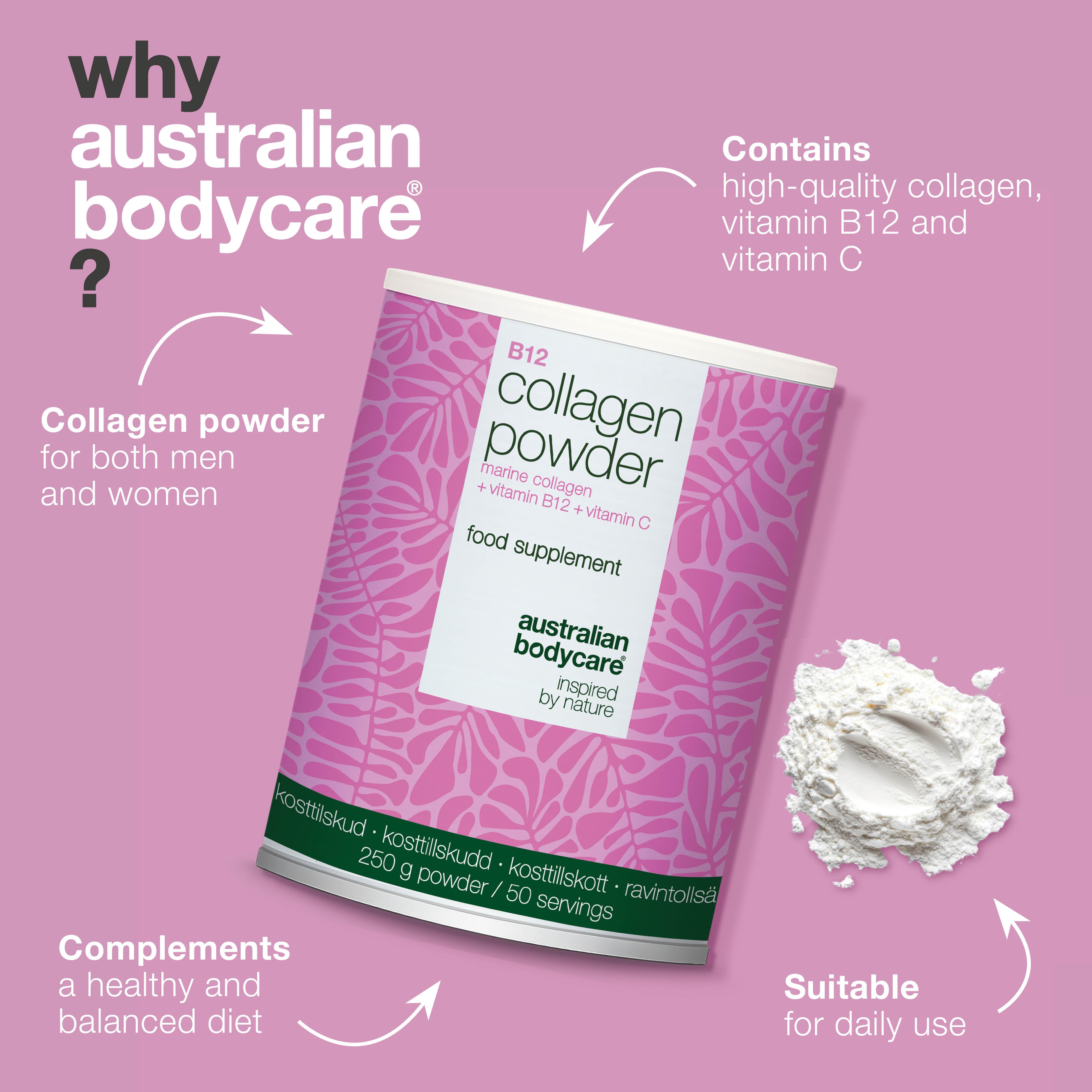 Collagen powder for daily support in food and drinks – ideal for your wellness routine. Contains marine collagen, vitamin C and vitamin B12.