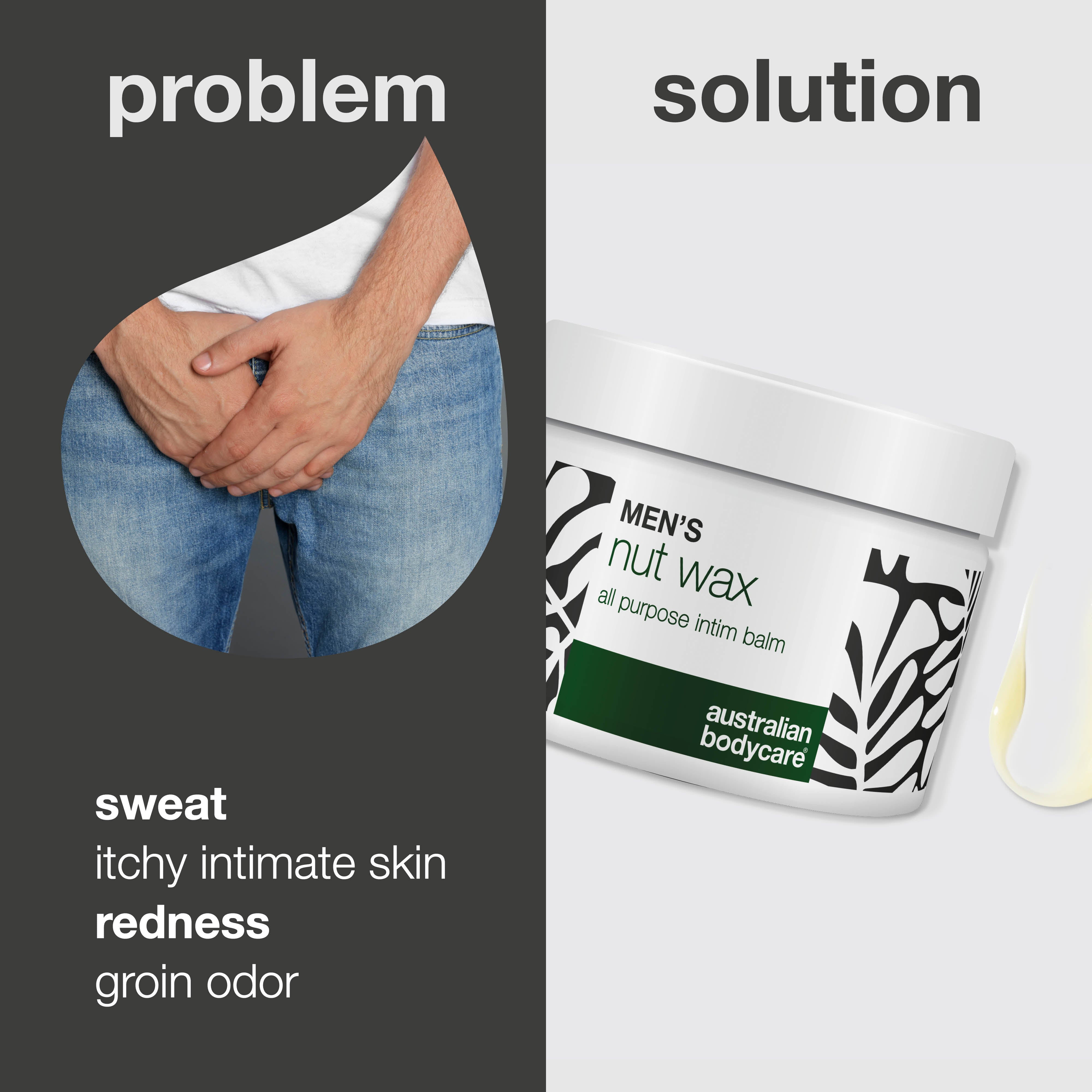 Men’s Nut Wax reduces sweat, friction and odor around the balls. Keeps skin fresh, dry and irritation-free with shea butter, squalane and bisabolol.