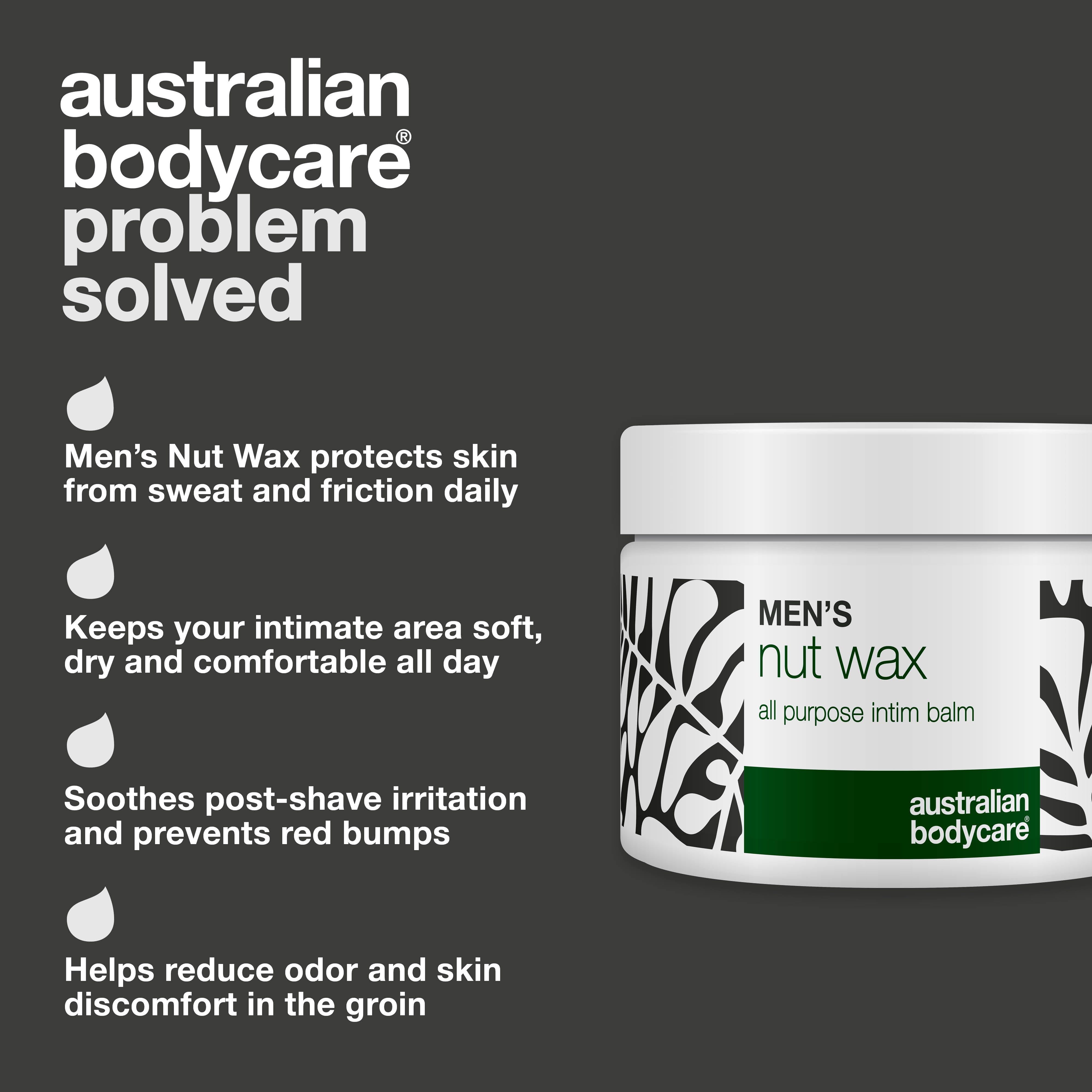 Men’s Nut Wax reduces sweat, friction and odor around the balls. Keeps skin fresh, dry and irritation-free with shea butter, squalane and bisabolol.