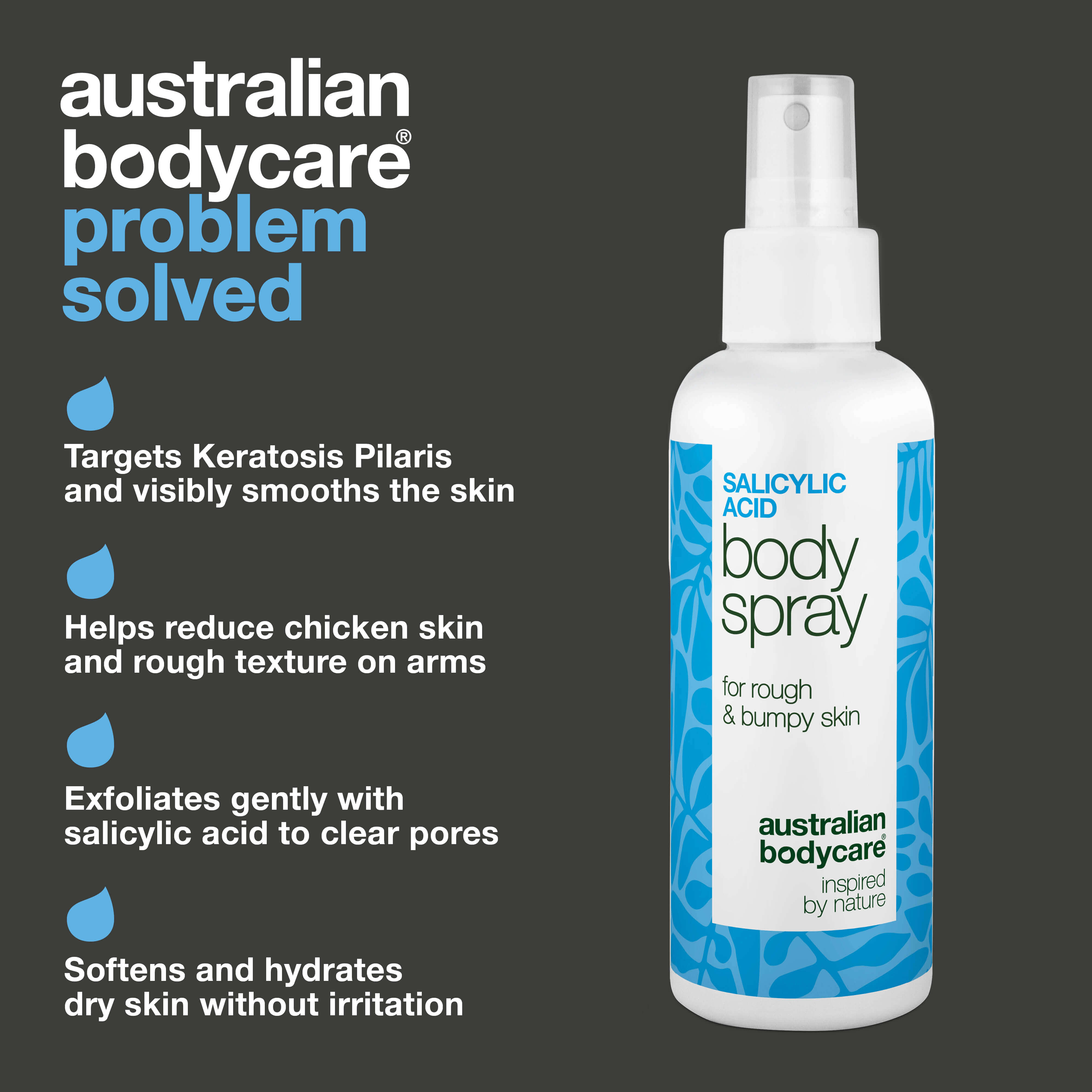 Keratosis Pilaris Spray for rough, dry skin and chicken skin. Contains salicylic acid, glycolic acid, glycerin and panthenol to smooth and hydrate.