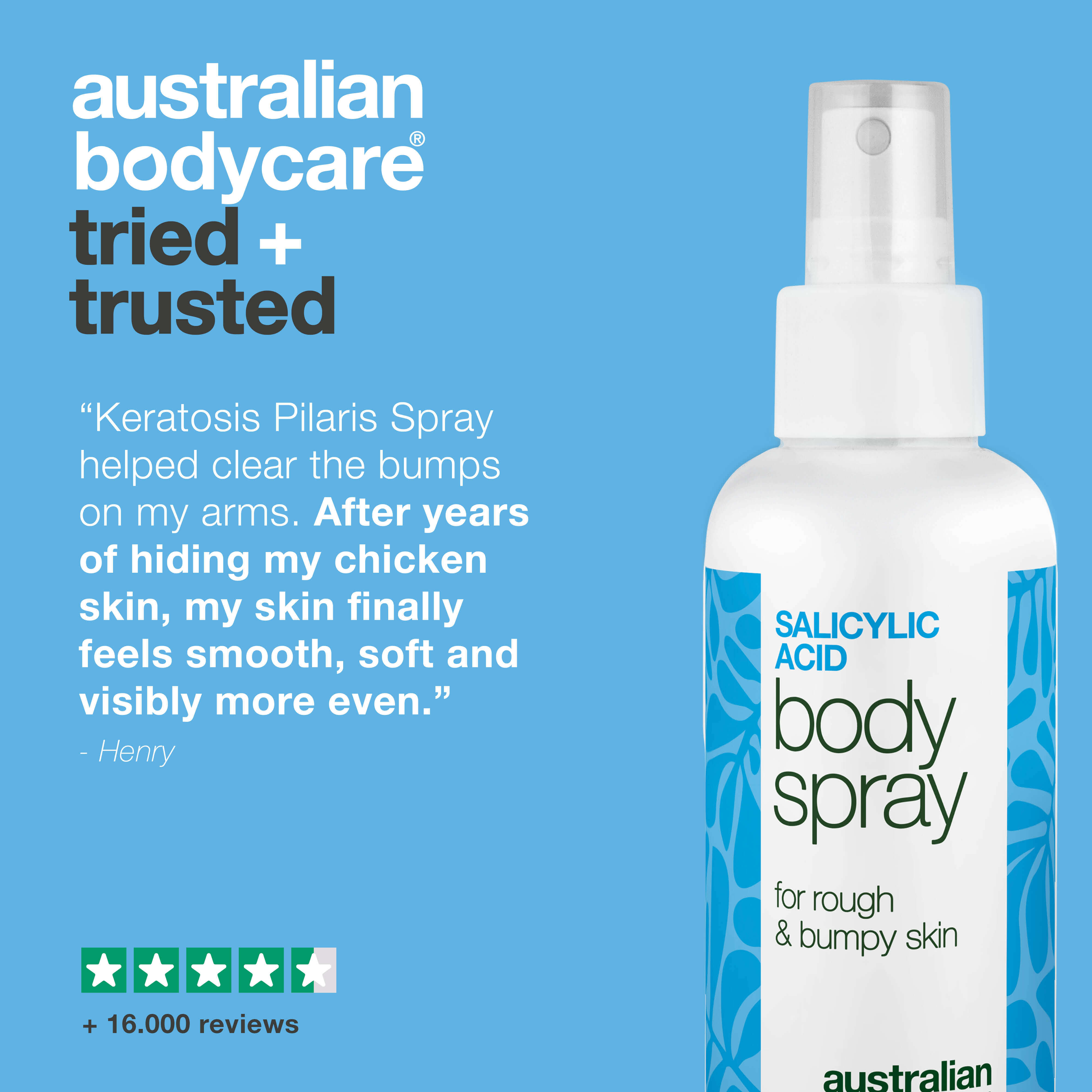Keratosis Pilaris Spray for rough, dry skin and chicken skin. Contains salicylic acid, glycolic acid, glycerin and panthenol to smooth and hydrate.
