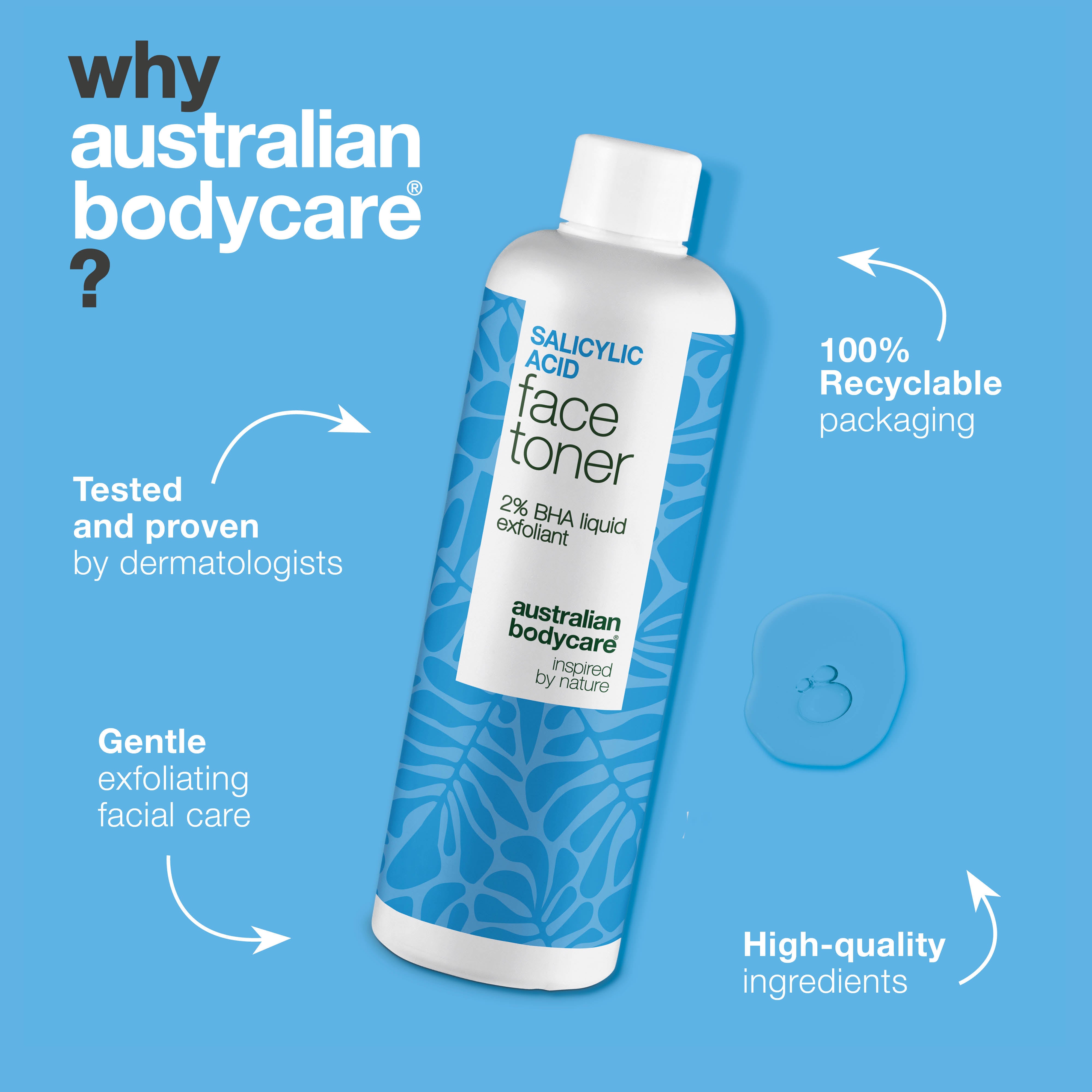 Salicylic Acid toner targets blemishes, large pores and uneven texture. Ideal for acne-prone skin. Contains Salicylic Acid from Australian Bodycare.