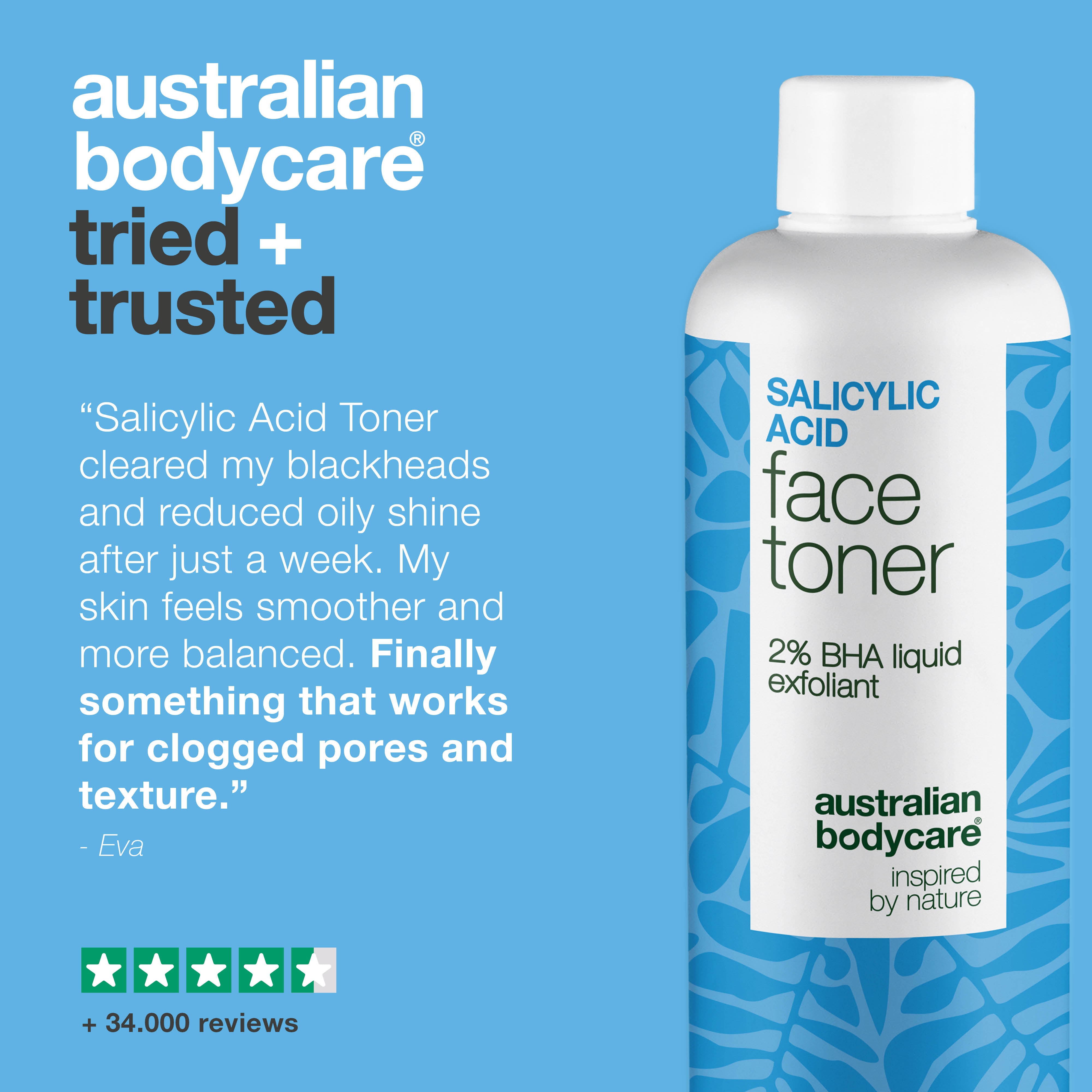 Salicylic Acid toner targets blemishes, large pores and uneven texture. Ideal for acne-prone skin. Contains Salicylic Acid from Australian Bodycare.