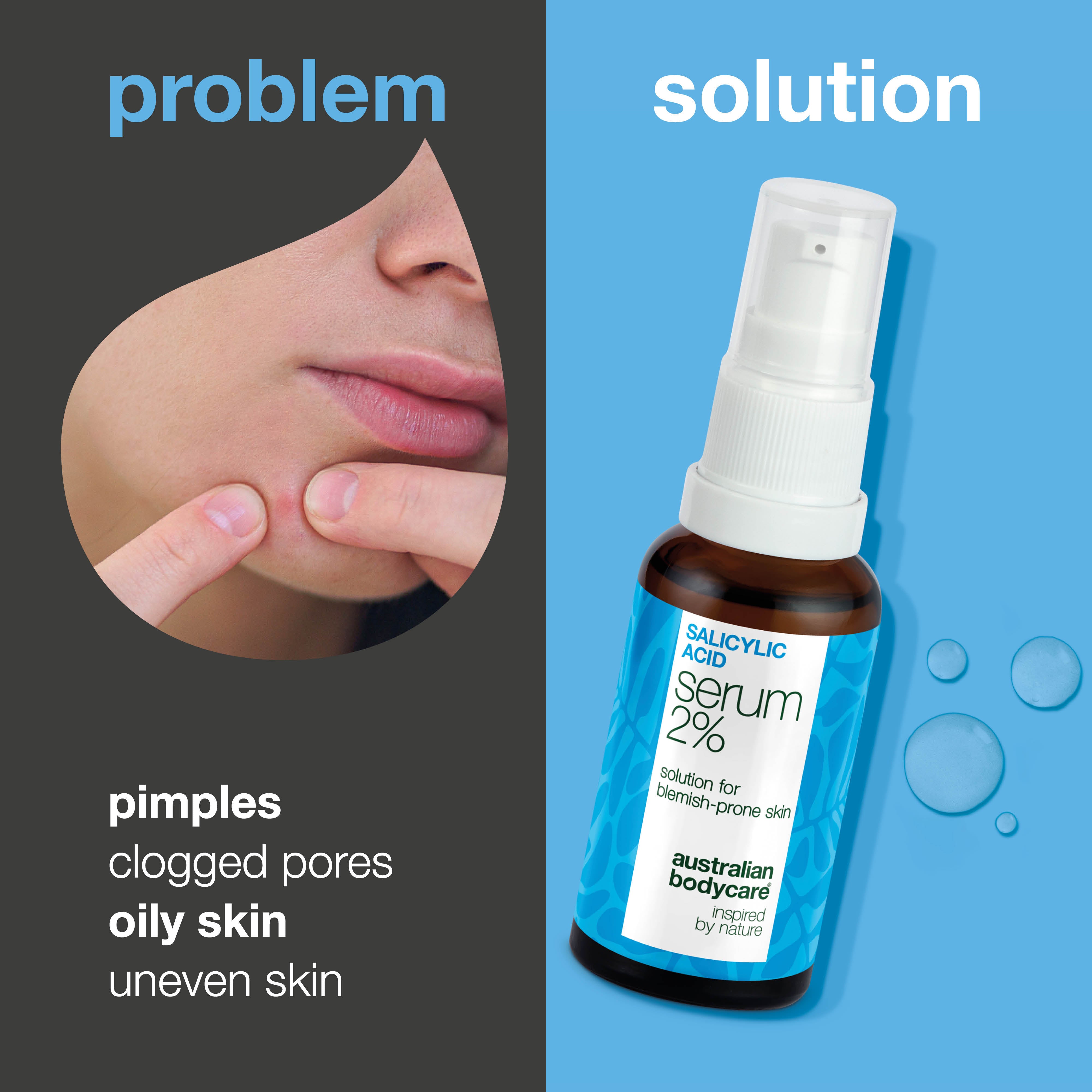 Salicylic Acid 2% serum for breakouts, clogged pores and uneven skin. With Zinc PCA, green tea, hyaluronic acid and glycerin for balanced, clear skin.