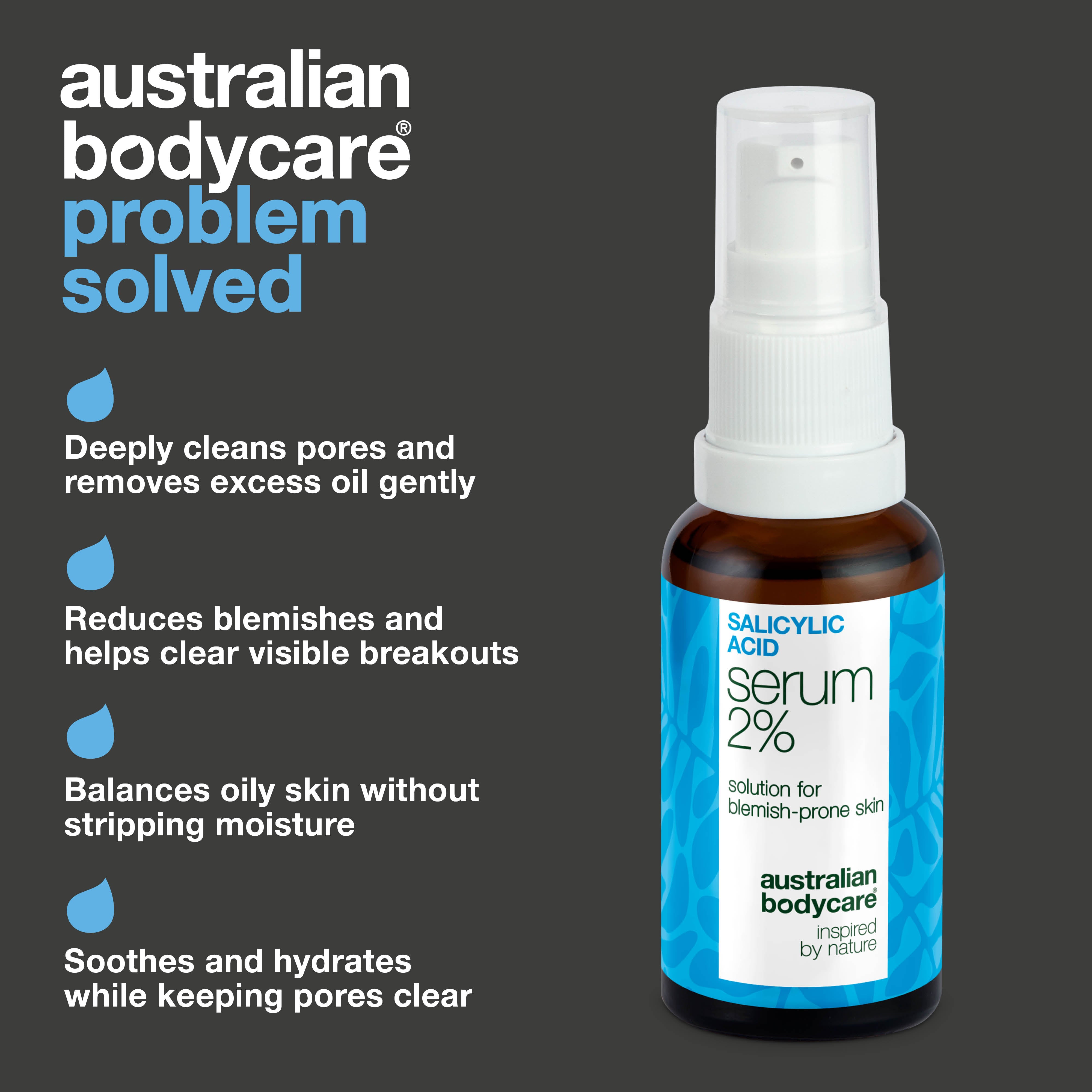 Salicylic Acid 2% serum for breakouts, clogged pores and uneven skin. With Zinc PCA, green tea, hyaluronic acid and glycerin for balanced, clear skin.