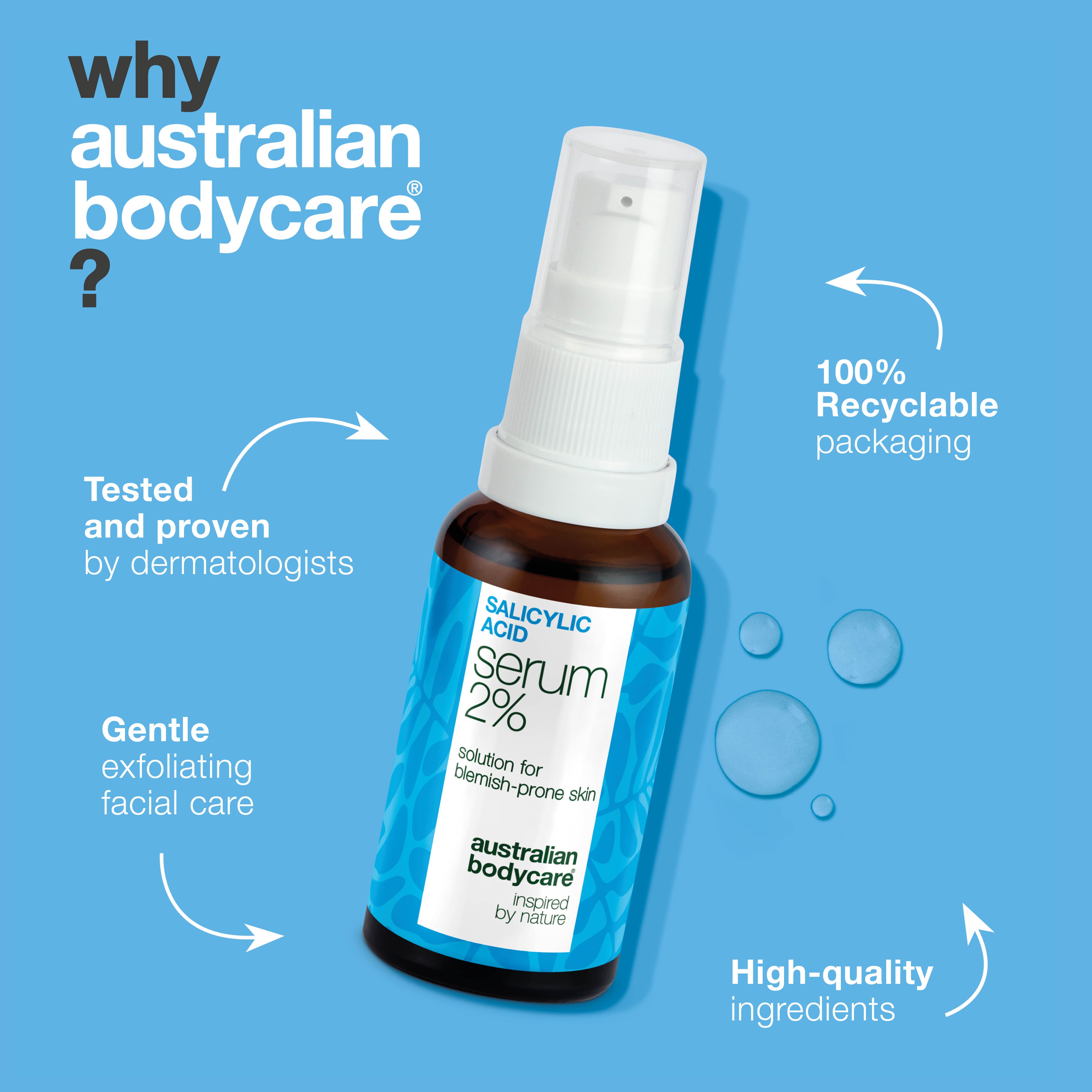 Salicylic Acid 2% serum for breakouts, clogged pores and uneven skin. With Zinc PCA, green tea, hyaluronic acid and glycerin for balanced, clear skin.