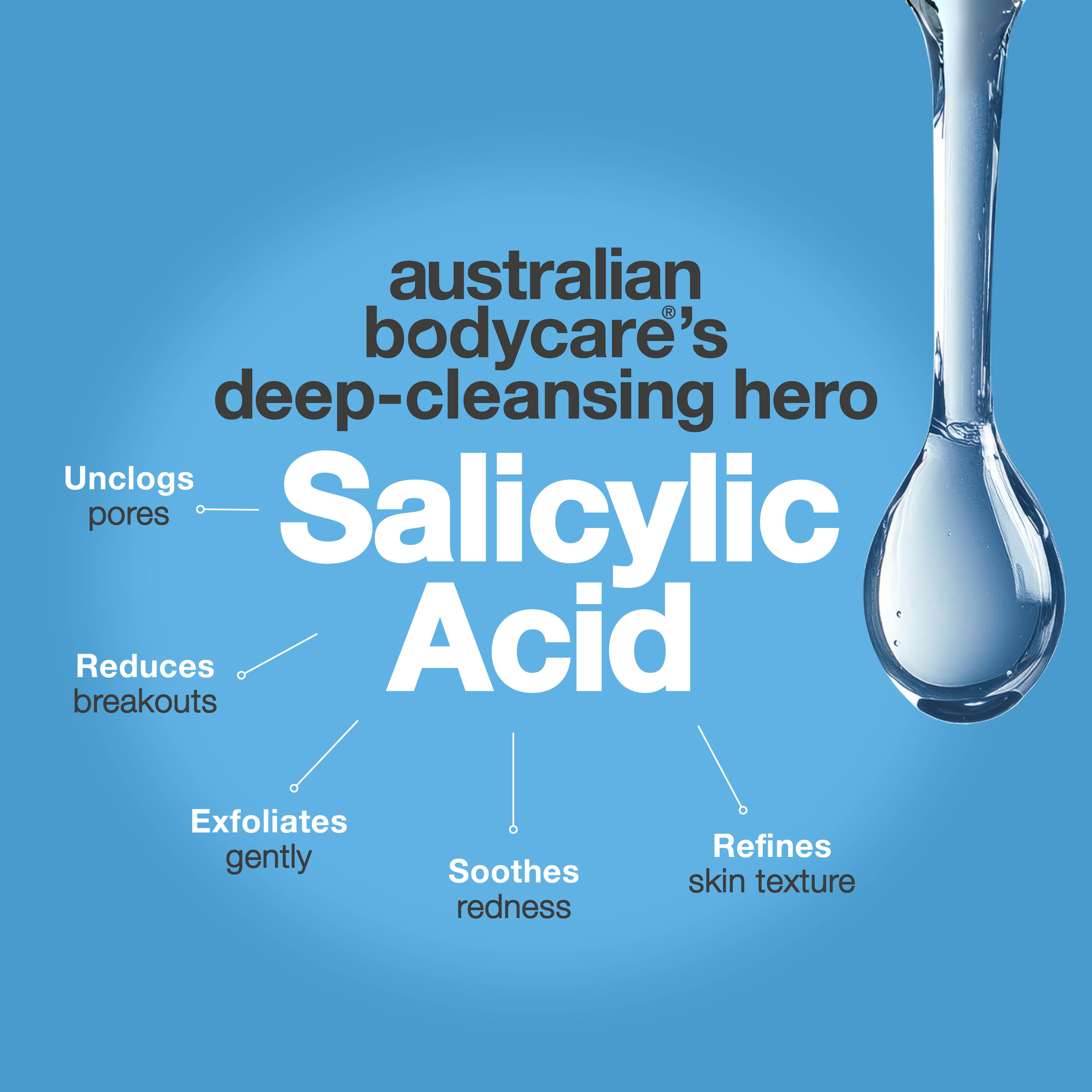 Salicylic acid spray for body blemishes and clogged pores — Salicylic acid spray for breakouts and clogged pores. With 2% salicylic acid and glycolic acid to deeply cleanse and smooth the skin.