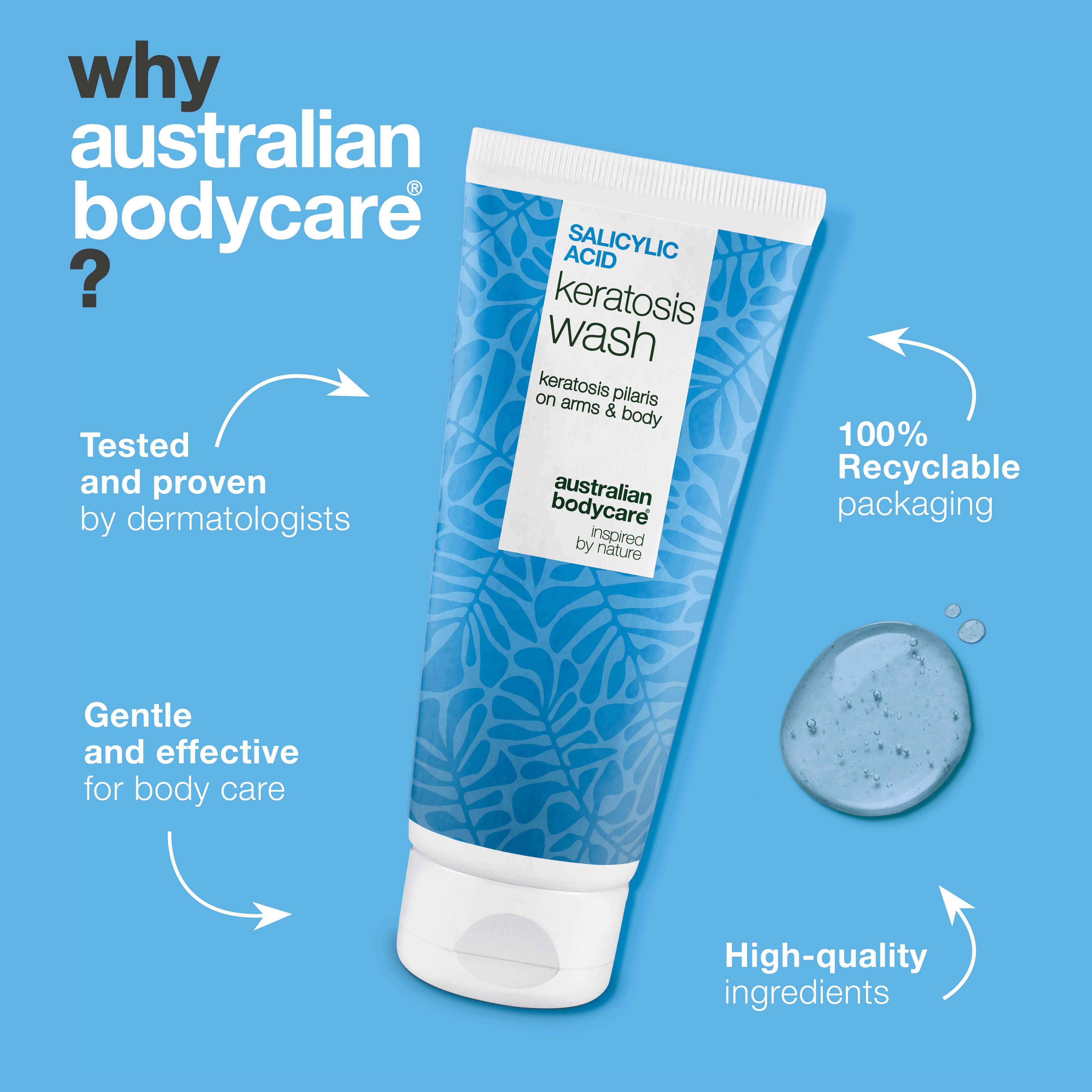 Keratosis Pilaris Body Wash for dry, bumpy skin and clogged pores. Features salicylic acid, niacinamide, and vitamin E to calm, exfoliate, and hydrate.