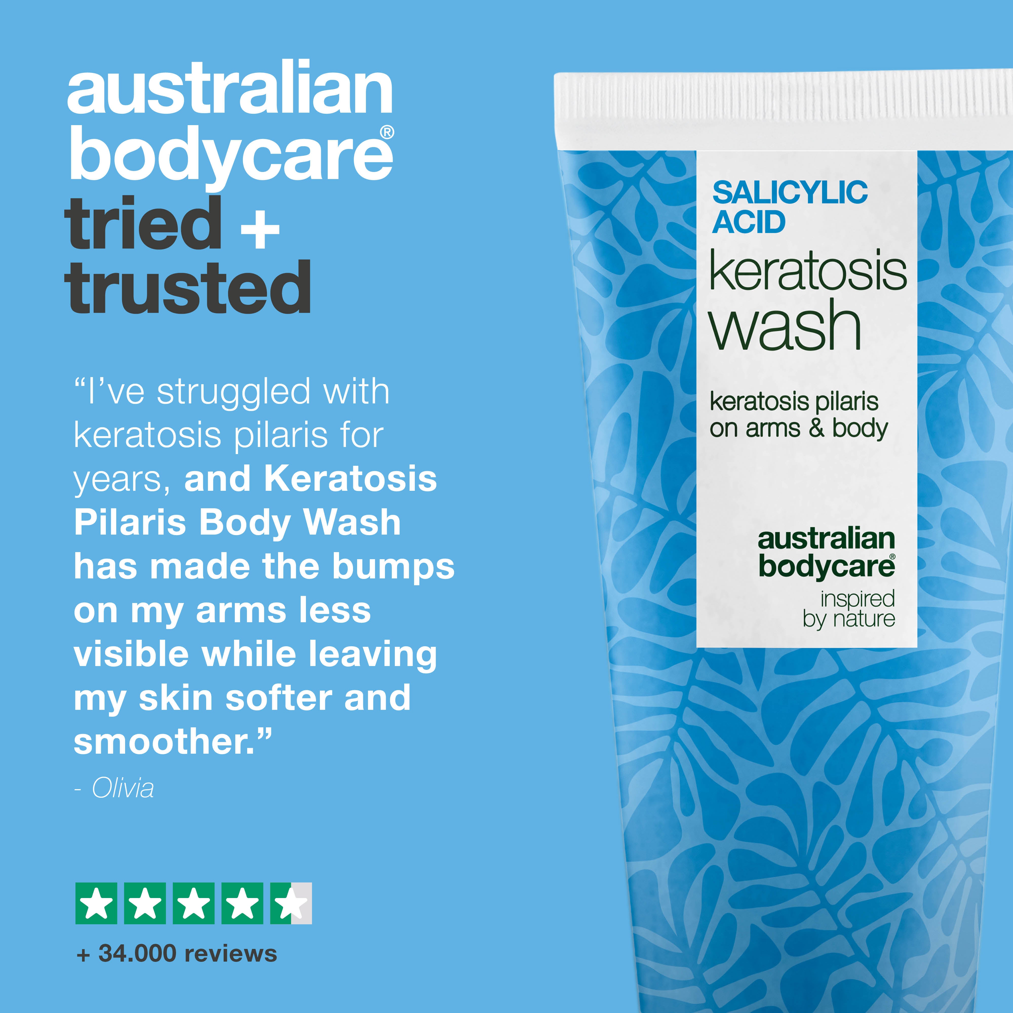 Keratosis Pilaris Body Wash for dry, bumpy skin and clogged pores. Features salicylic acid, niacinamide, and vitamin E to calm, exfoliate, and hydrate.