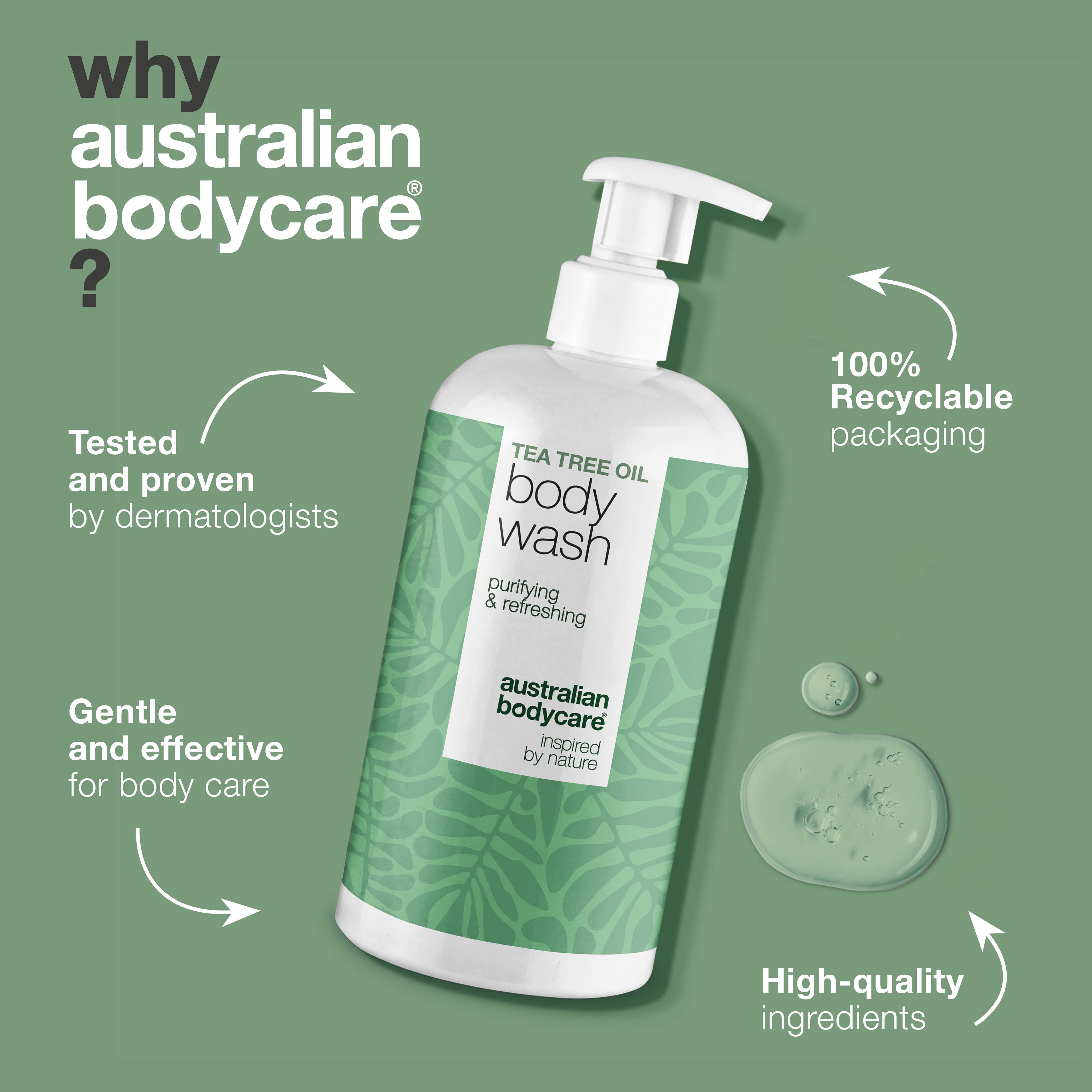 Tea Tree Body Wash for body acne, odor and itch – with Tea Tree Oil and Zinc PCA