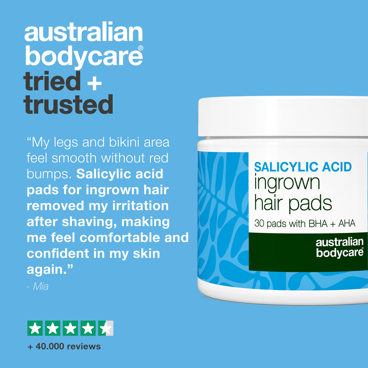 Customer review of Australian Bodycare salicylic acid pads for ingrown hairs, shown with a four-and-a-half-star rating and more than 40,000 reviews.