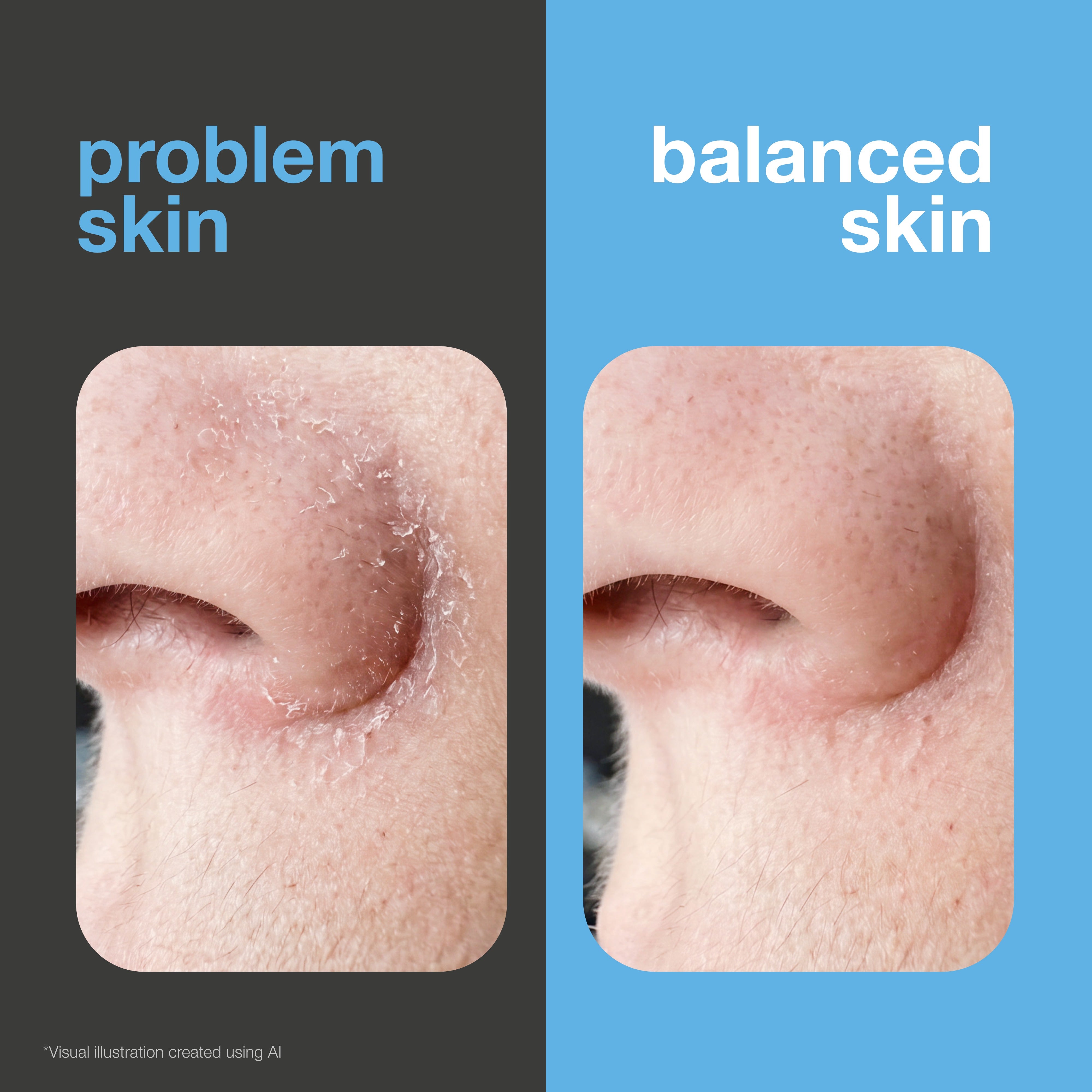 Before and after: side of the nose with dry flakes versus smooth, soothed skin. Visual illustration.