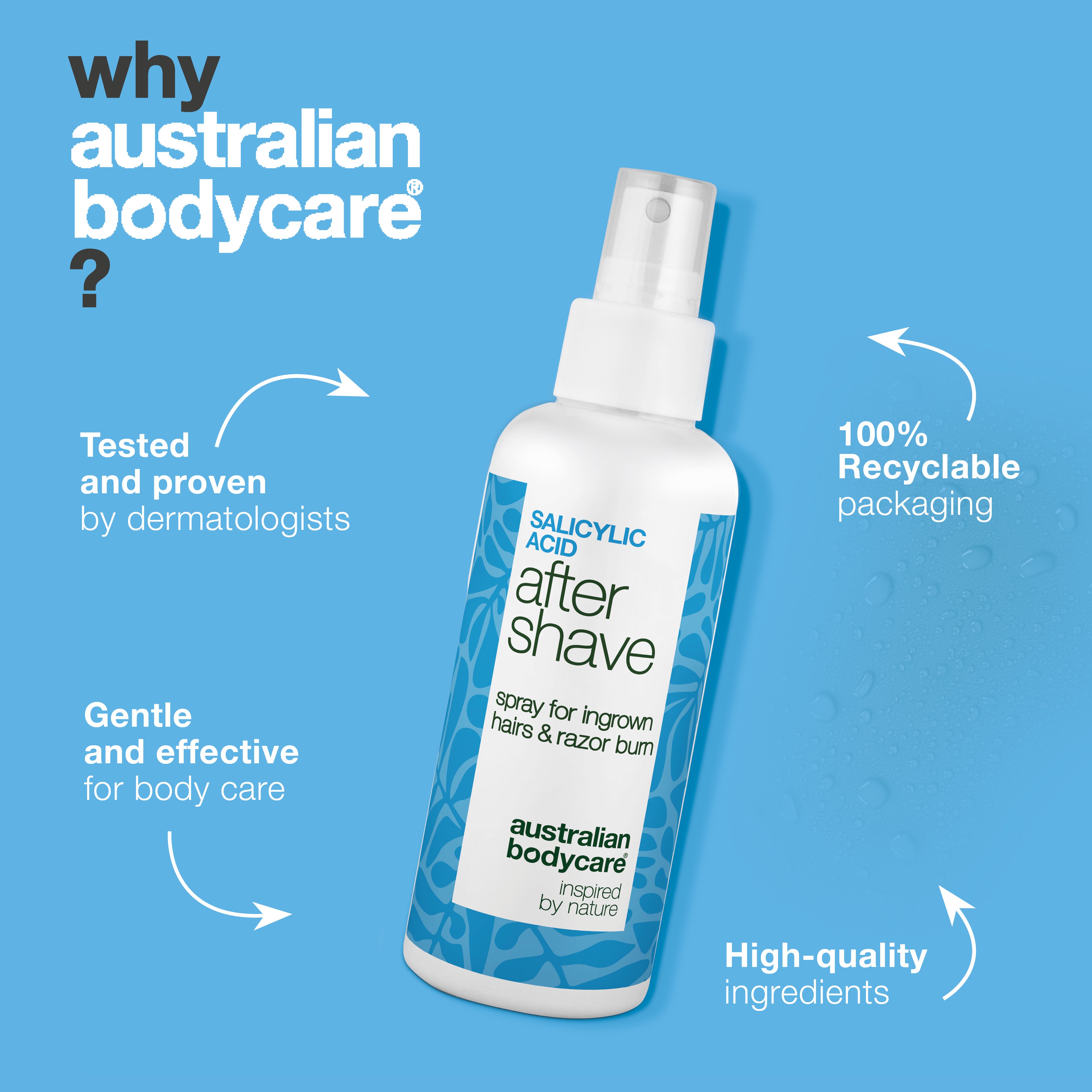 Salicylic Acid After Shave Spray for Razor Bumps — After Shave Spray for razor burns and ingrown hairs. Soothes itching with Salicylic Acid, Aloe Vera, and Panthenol for a smooth finish.