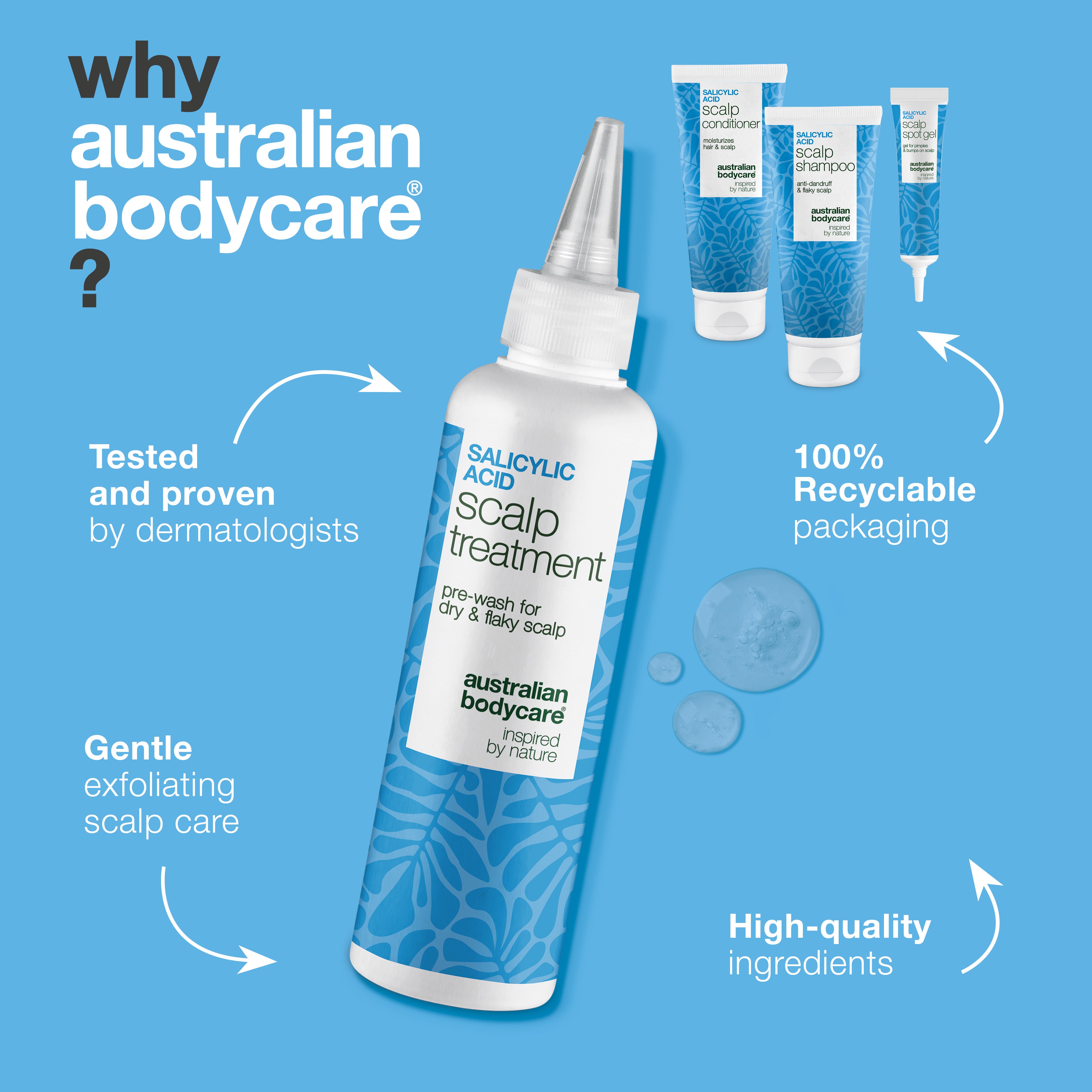 Why Australian Bodycare: tested and approved by dermatologists, gentle exfoliating scalp care and 100% recyclable packaging