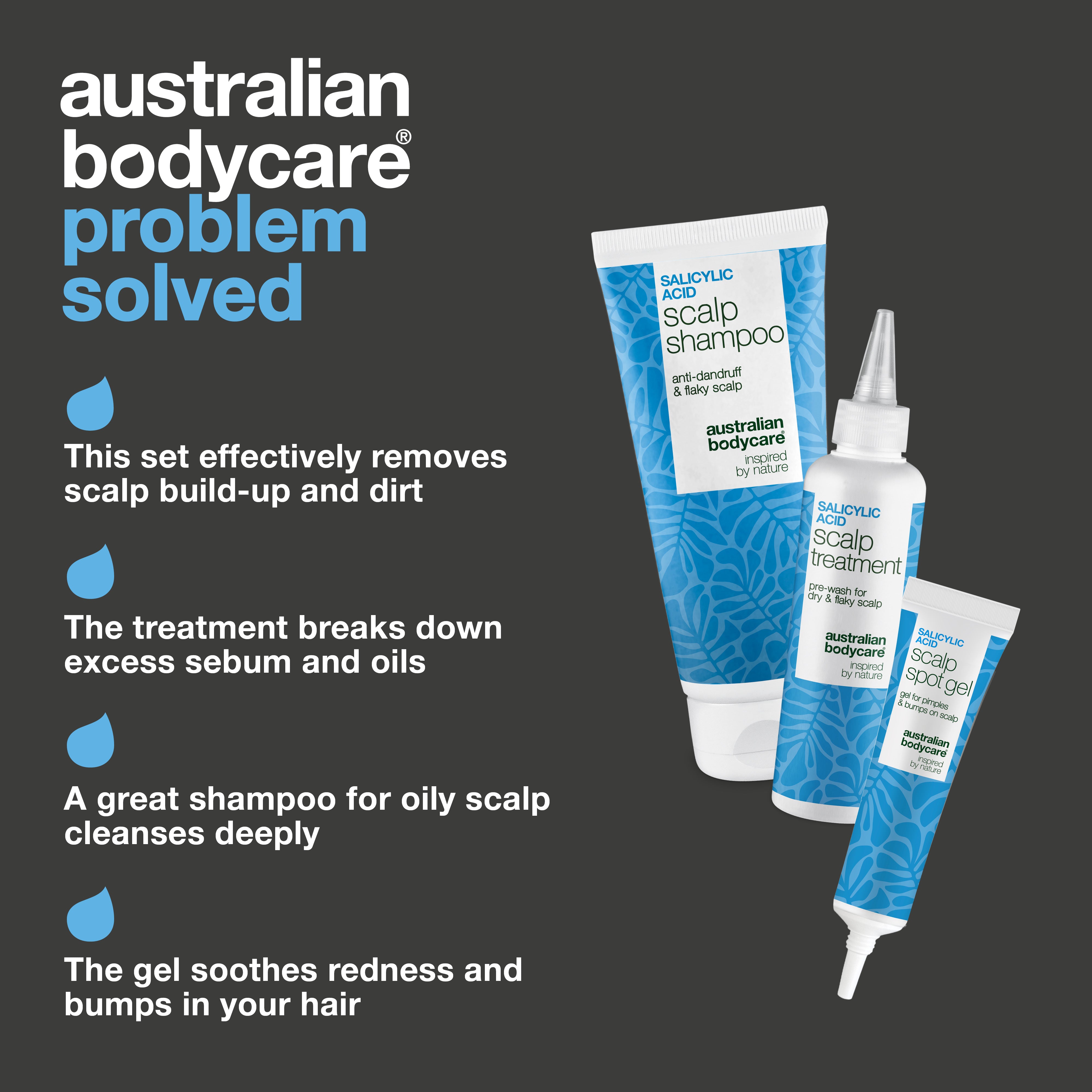 Set benefits: removes scalp buildup, the treatment counters excess sebum, deep-cleansing shampoo for oily scalp and spot gel