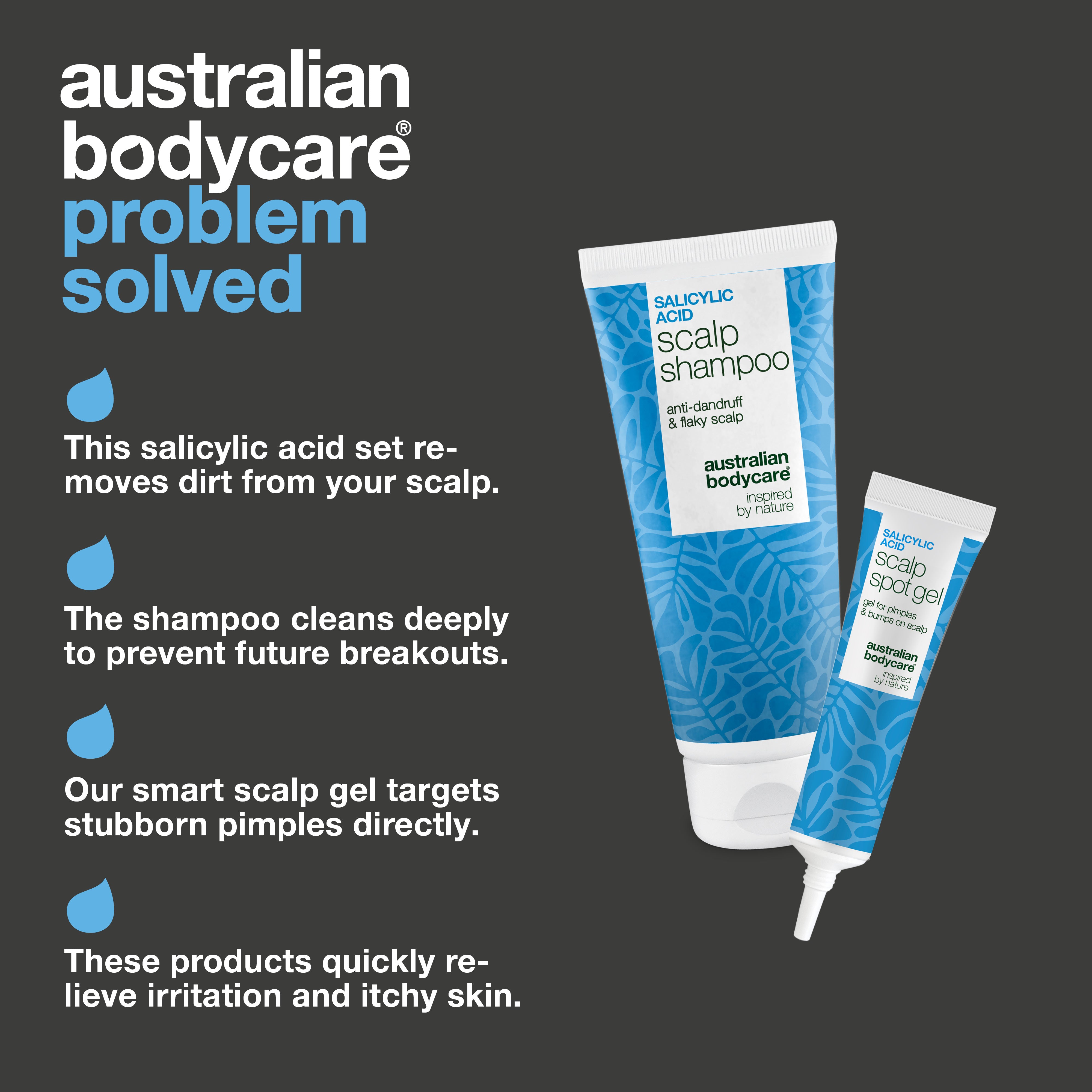 Set benefits: a deep-cleansing shampoo and a Salicylic Acid spot gel that soothes sore bumps and pimples on the scalp