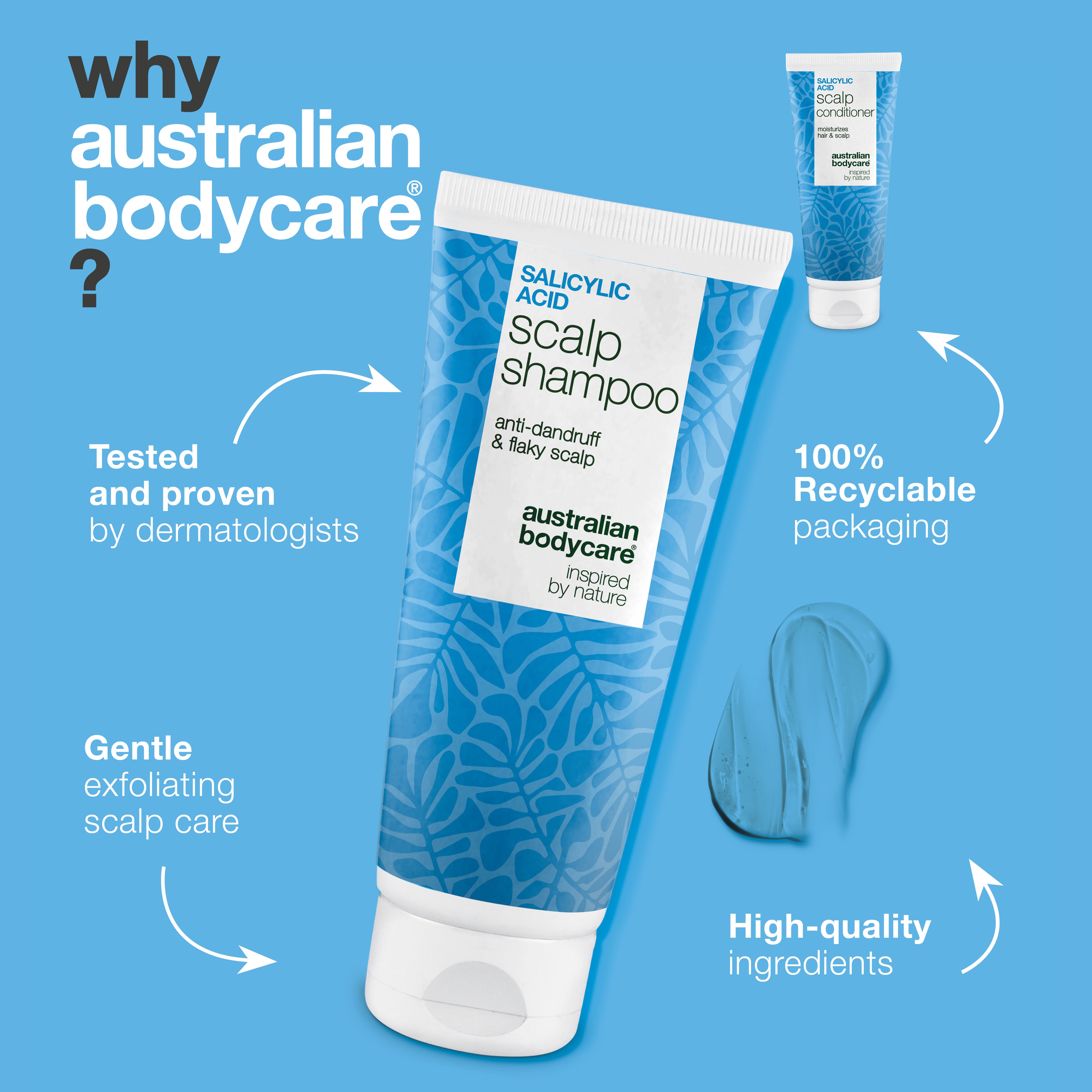 Why Australian Bodycare: tested and approved by dermatologists, gentle exfoliating scalp care and 100% recyclable packaging
