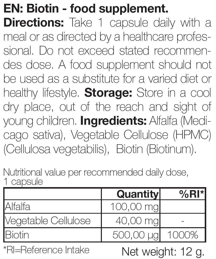 Biotin tablets with Vitamin B7 – 90 tablets for daily use. Ideal for maintaining hair, skin, and mucous membranes. Each tablet provides 500 µg biotin.