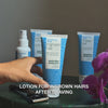 Video: After Shave spray, Pre-shave Scrub, Ingrown Hair lotion and Shave Gel on a table beside a razor and an orchid, with the text “lotion for ingrown hairs after shaving”. Salicylic Acid Aftershave Lotion from Australian Bodycare.
