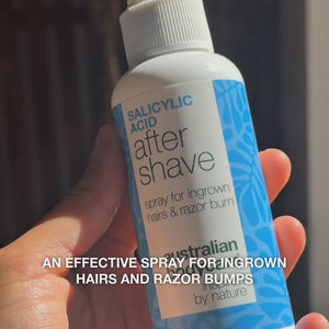 Video: a hand holding the bottle, with the text “an effective spray for ingrown hairs and razor bumps”. Salicylic Acid After Shave Spray from Australian Bodycare.