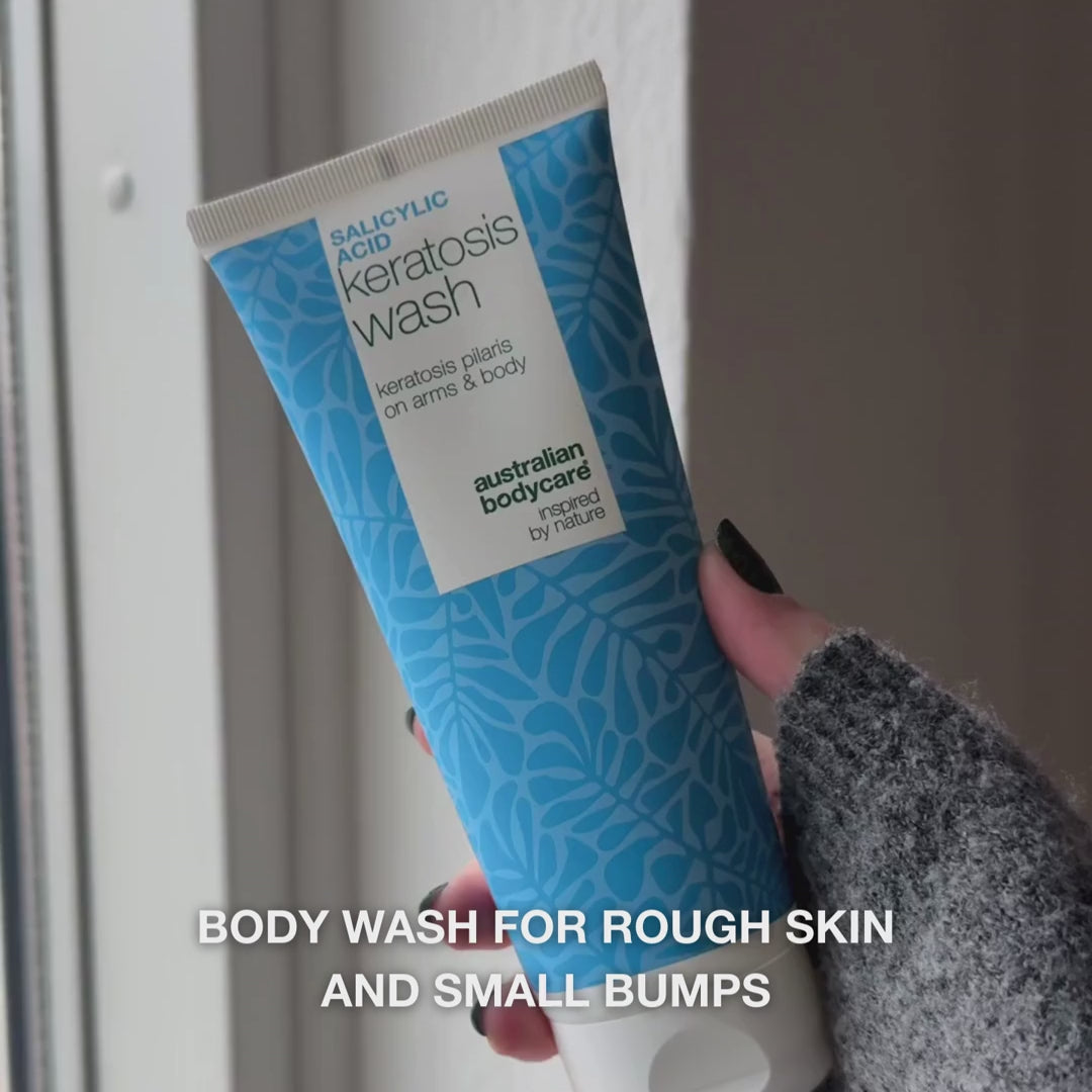 Keratosis Pilaris Body Wash for dry, bumpy skin and clogged pores. Features salicylic acid, niacinamide, and vitamin E to calm, exfoliate, and hydrate.