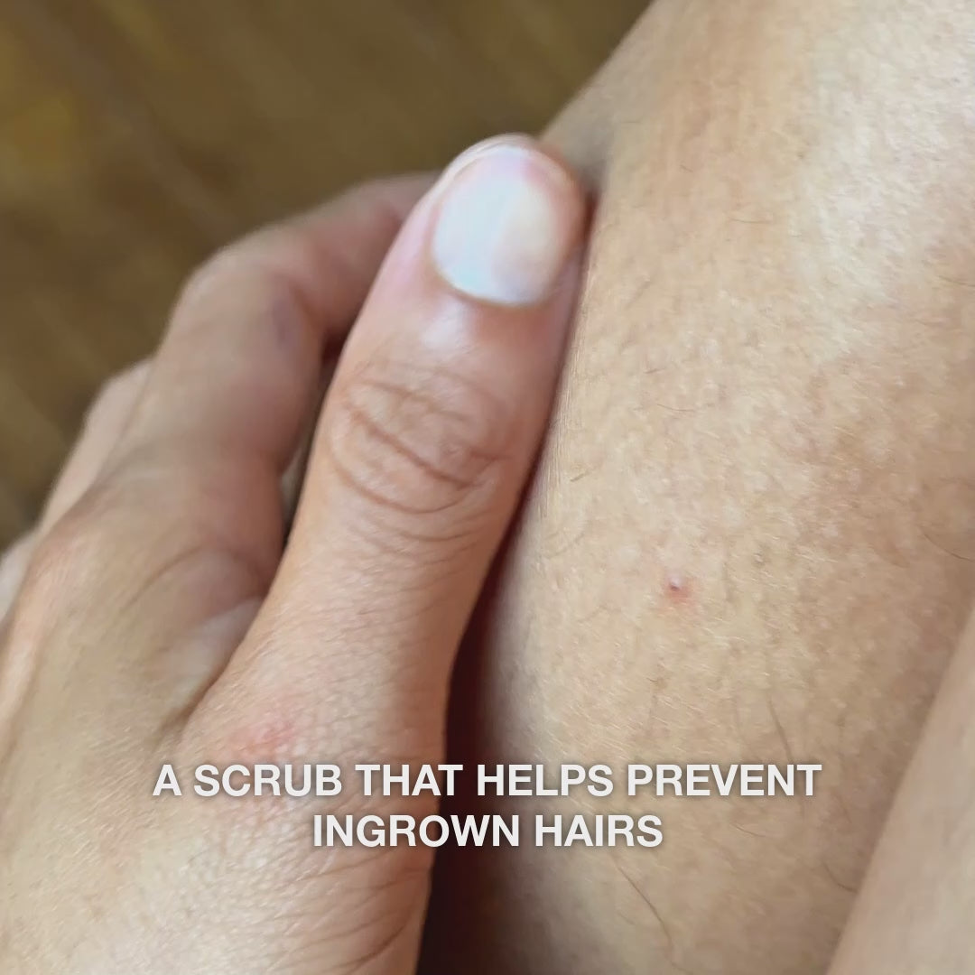 Video: a hand running over skin with small red bumps, with the text “a scrub that helps prevent ingrown hairs”. Salicylic Acid Pre-shave Scrub from Australian Bodycare.