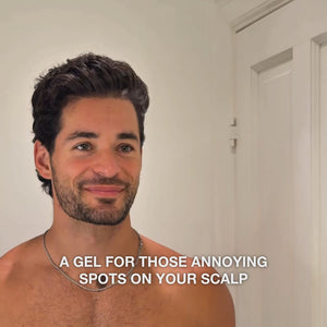 Video: a man smiling at the camera with the text “a gel for those annoying spots on your scalp”. Salicylic Acid Scalp Spot Gel from Australian Bodycare.