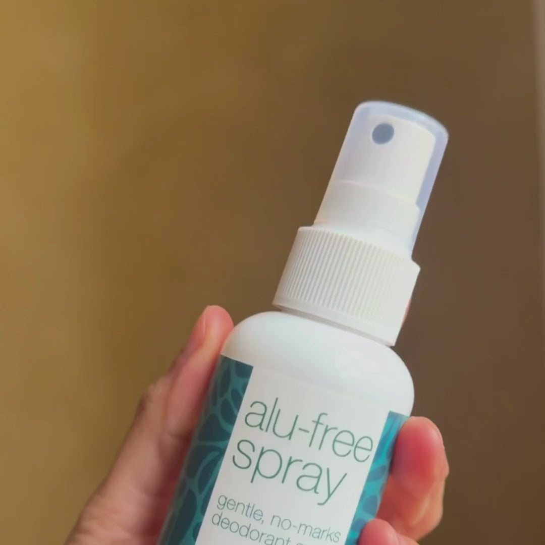 Video of a model spraying our aluminium-free deodorant under her arms, showing how easy it is to apply and how fresh it feels.