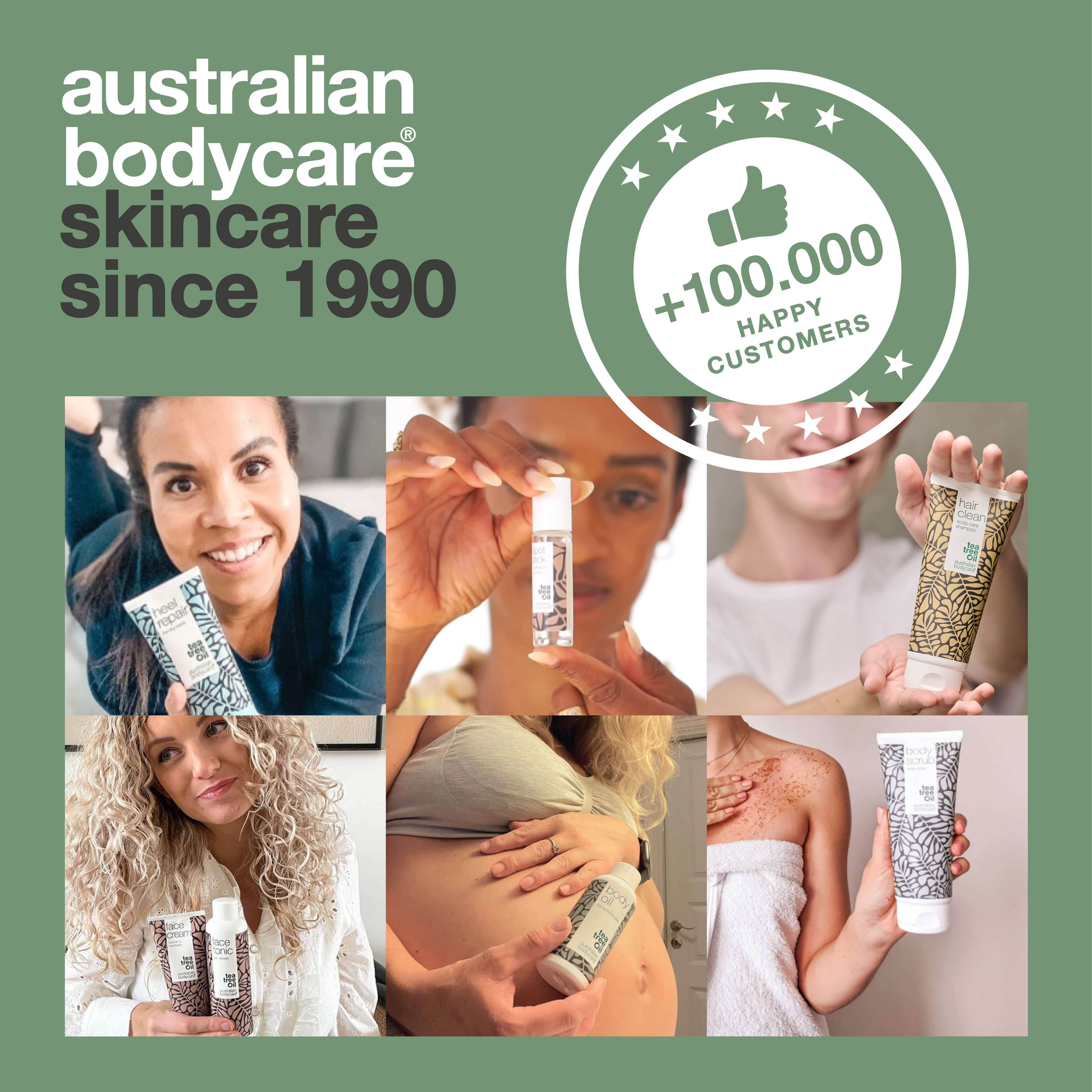 A promotional graphic for Australian Bodycare Body Cream. The text highlights: "Do you struggle with very dry, itchy skin?" followed by "Intensive body moisturiser with natural Tea Tree Oil" and bullet points stating: "Deeply hydrates and nourishes," "Soothes itching and irritation," and "Repairs dry and damaged skin."